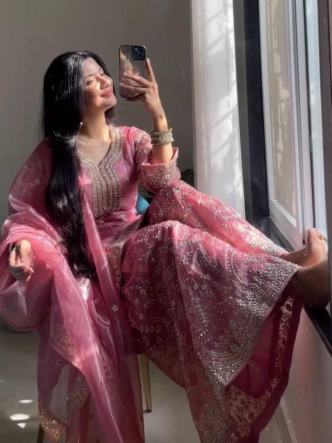 Designer Dusty Pink Shimmer Tissue Embroidered Kurti with Heavy Sharara Pants & Scalloped Dupatta Set for Women