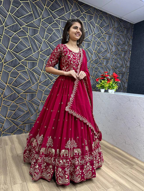 Georgette Embroidered Anarkali Gown Dress with Elephant Motif Border & Dupatta