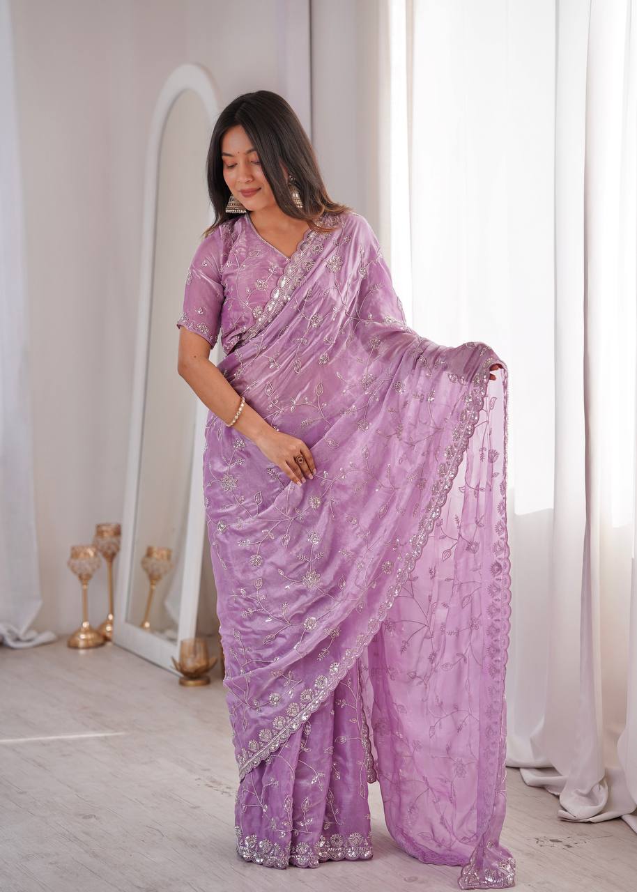 Pastel Organza Embroidered Saree with Scalloped Cutwork Border & Unstitched Blouse
