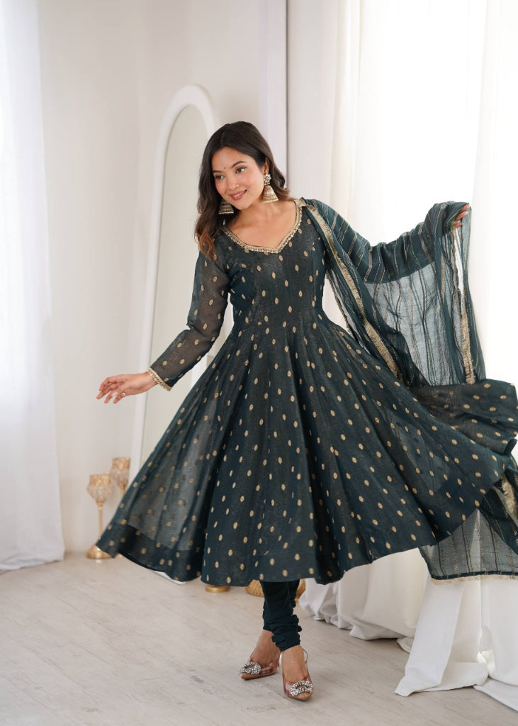 Chanderi Silk Woven Booti Anarkali Suit Set with Striped Dupatta & Churidar