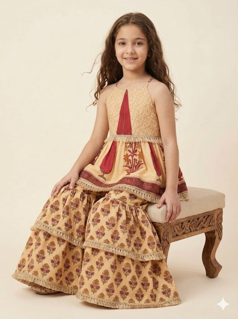 Girls Beige & Maroon Floral Printed Noodle Strap Kurti with Tiered Sharara Set