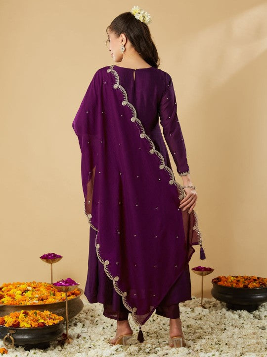 Royal Purple Embroidered Kurta Set with Dupatta for Women