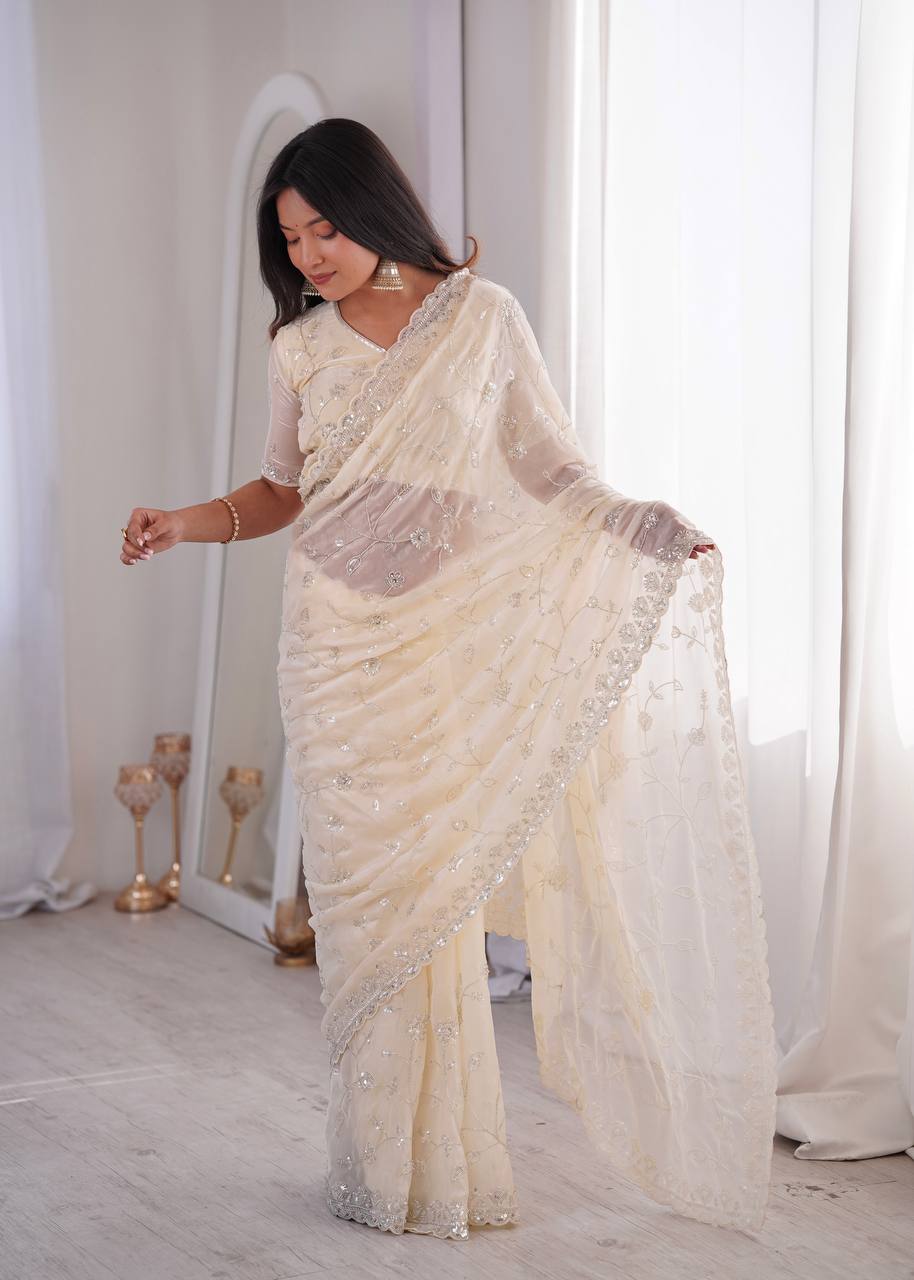 Pastel Organza Embroidered Saree with Scalloped Cutwork Border & Unstitched Blouse