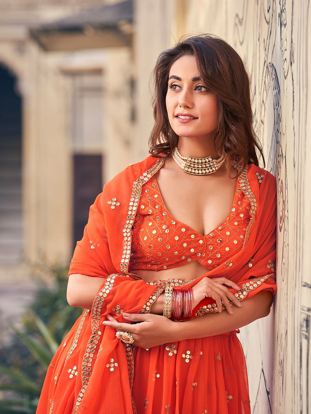 Orange Lehenga Set with Gold Embroidery