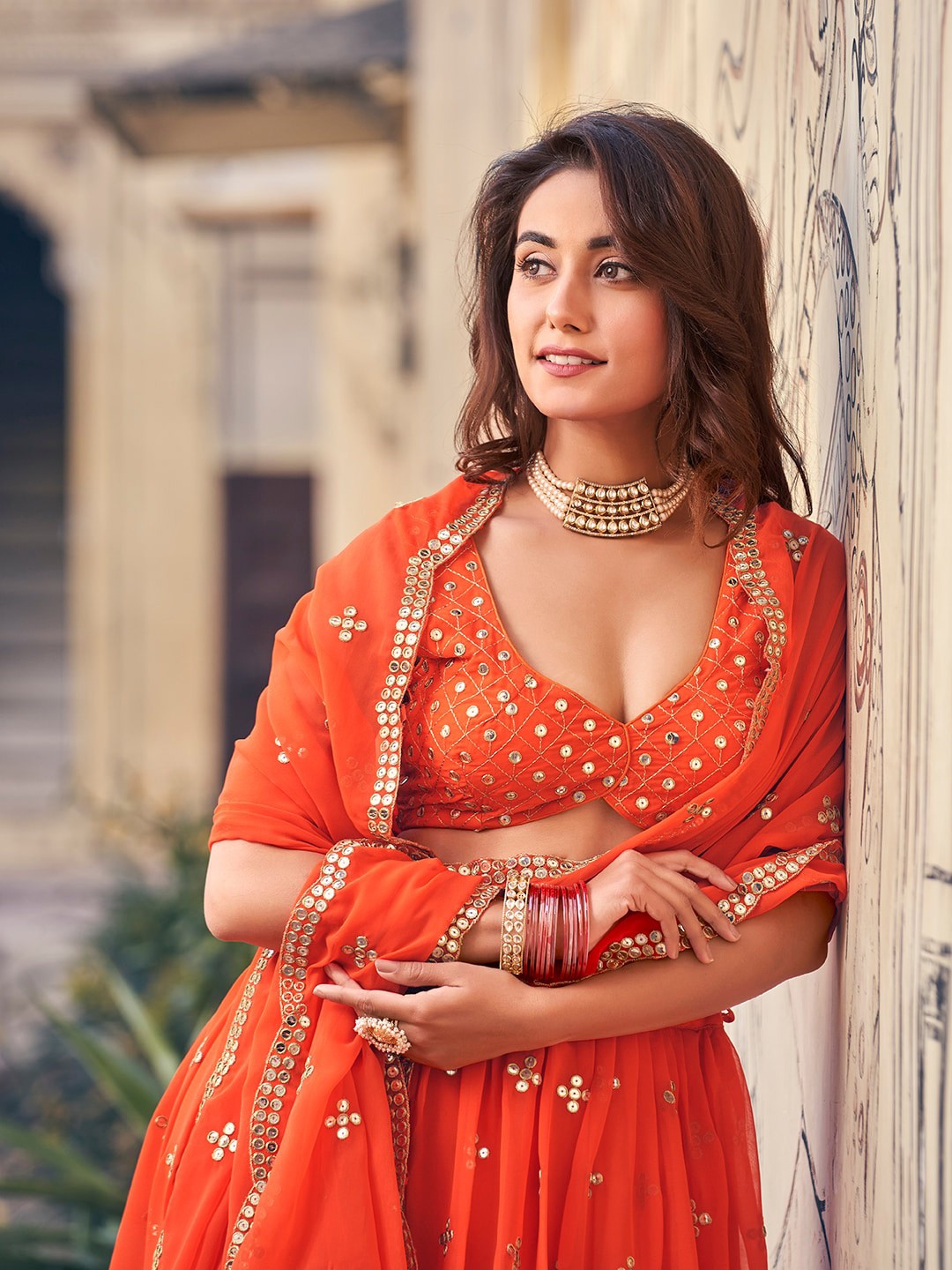 Orange Lehenga Set with Gold Embroidery