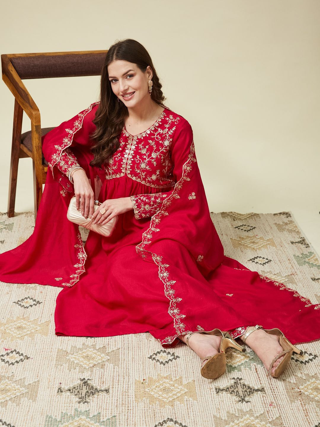 Red Embroidered Kurta Set for Women with Dupatta