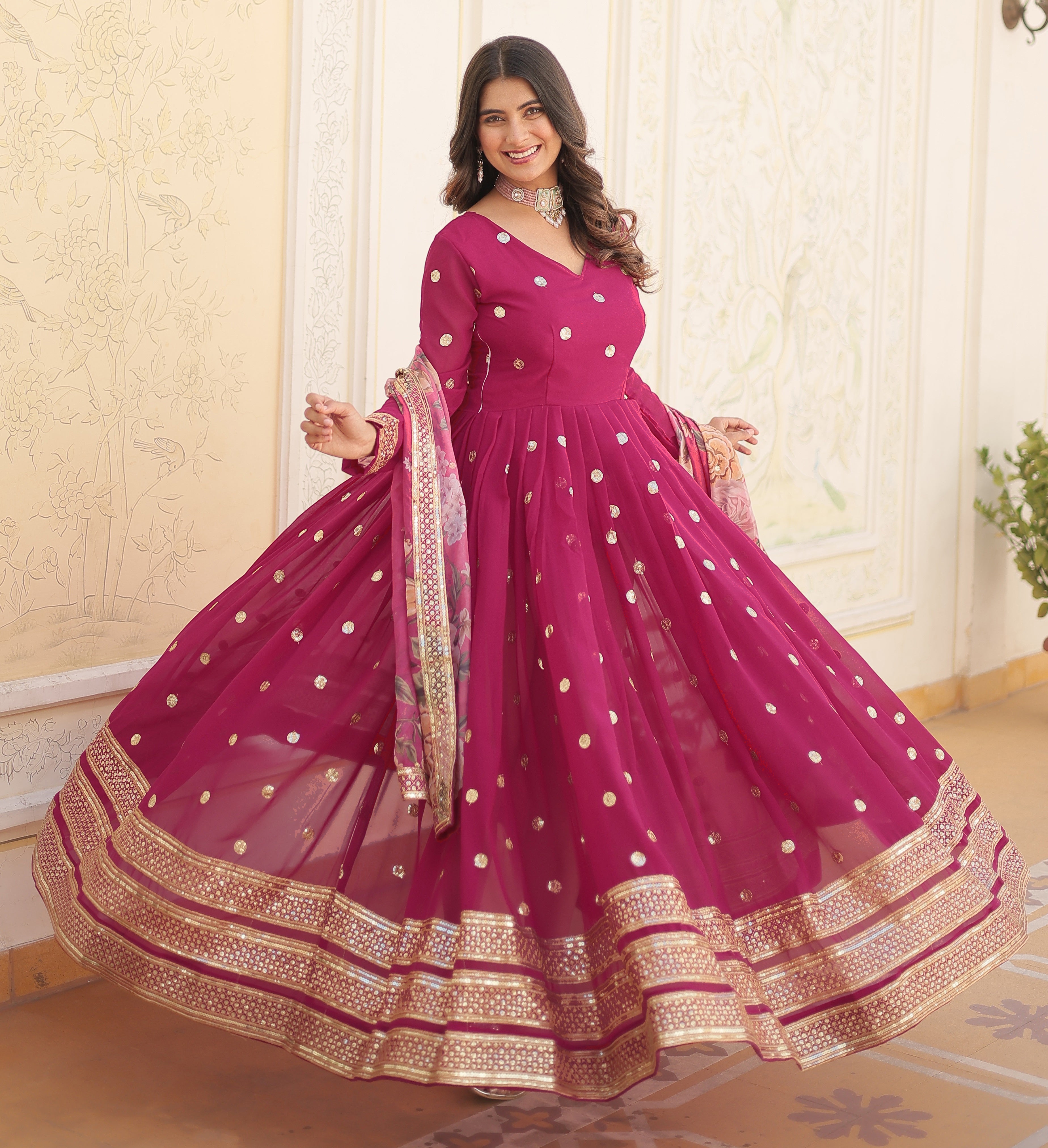 Women's Wine Magenta Georgette Anarkali Gown with Mirror Work and Floral Printed Dupatta