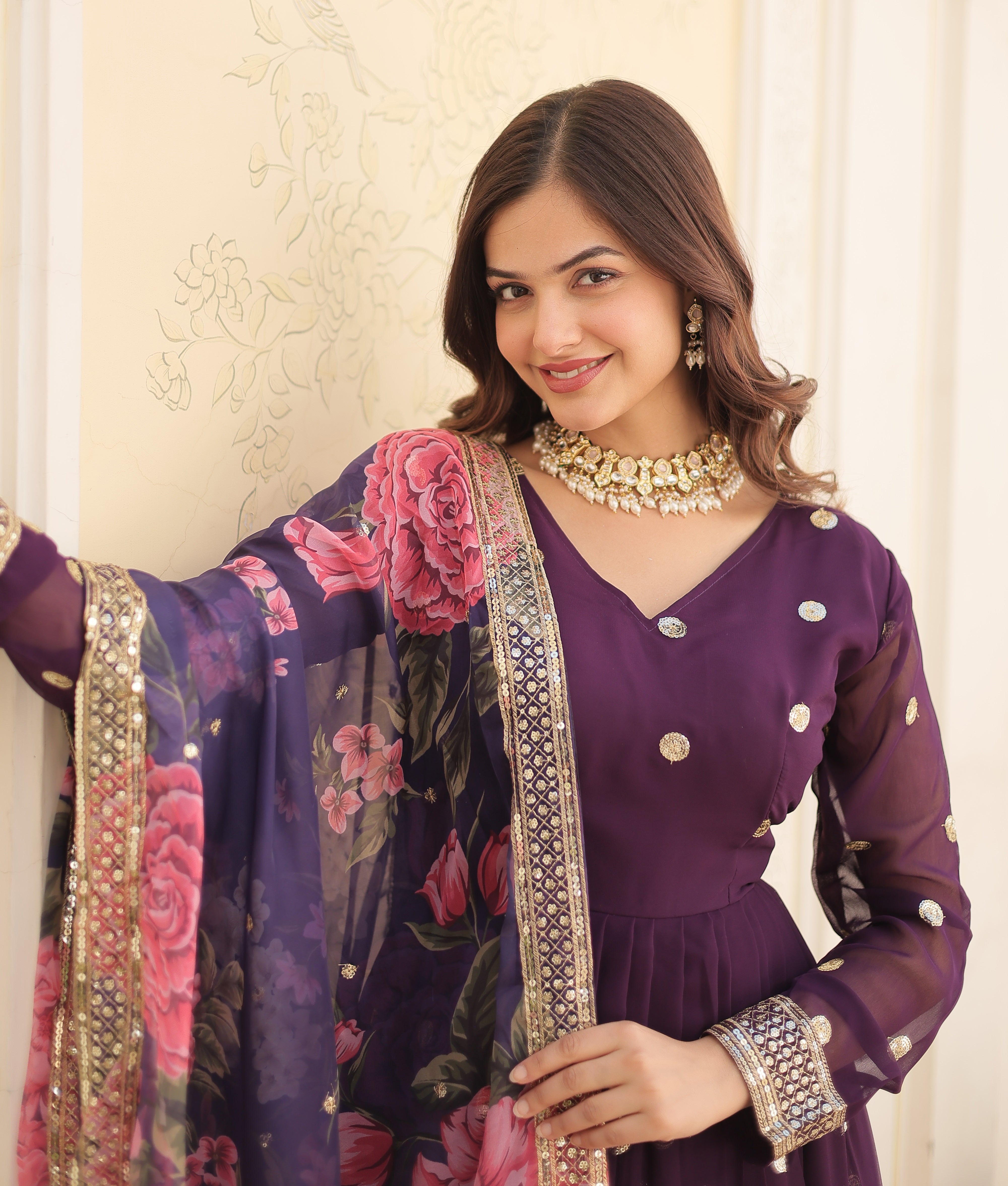 Women's Deep Plum Georgette Anarkali Gown with Mirror Embellishments and Oversized Floral Print Dupatta