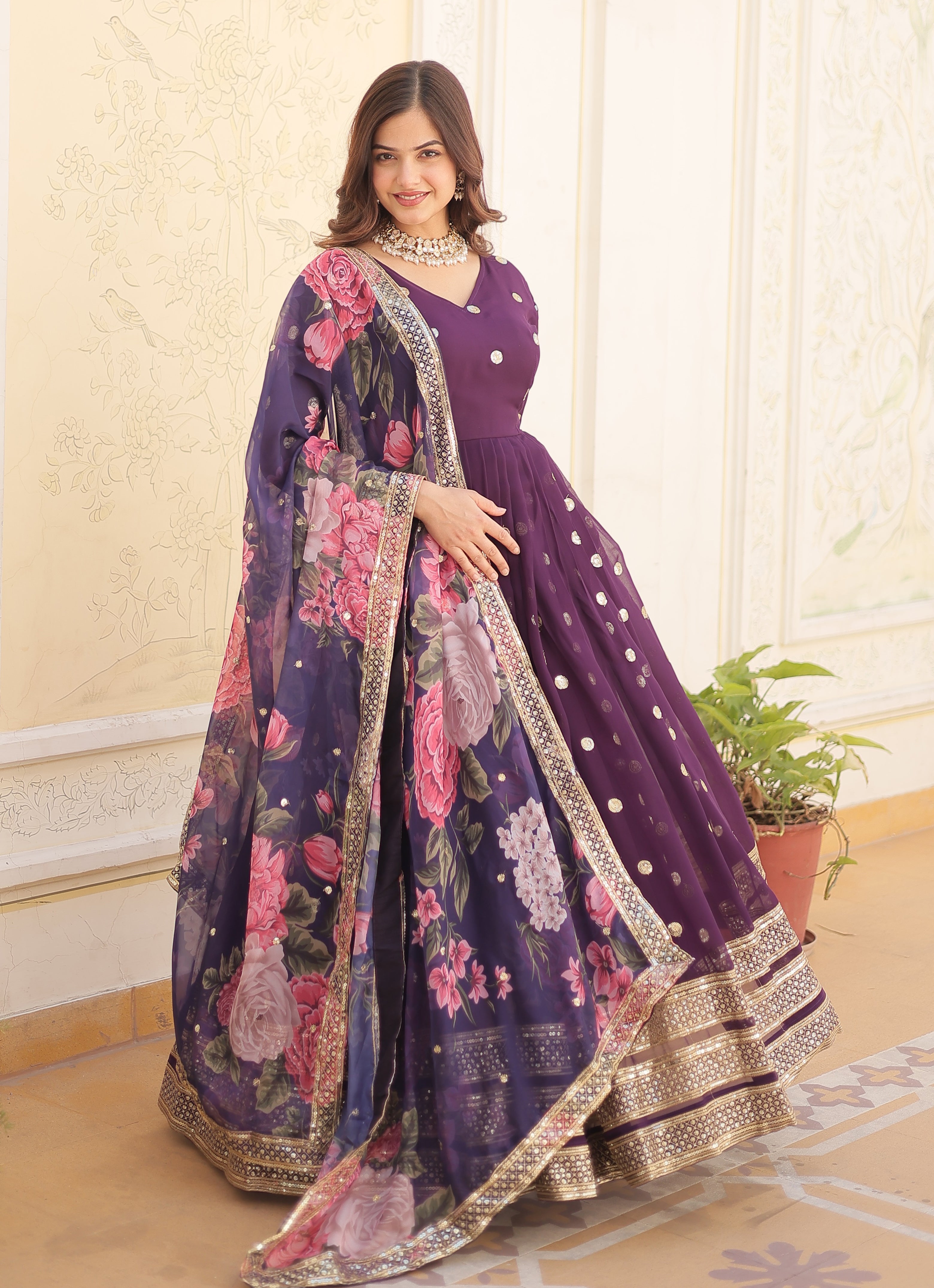 Women's Deep Plum Georgette Anarkali Gown with Mirror Embellishments and Oversized Floral Print Dupatta