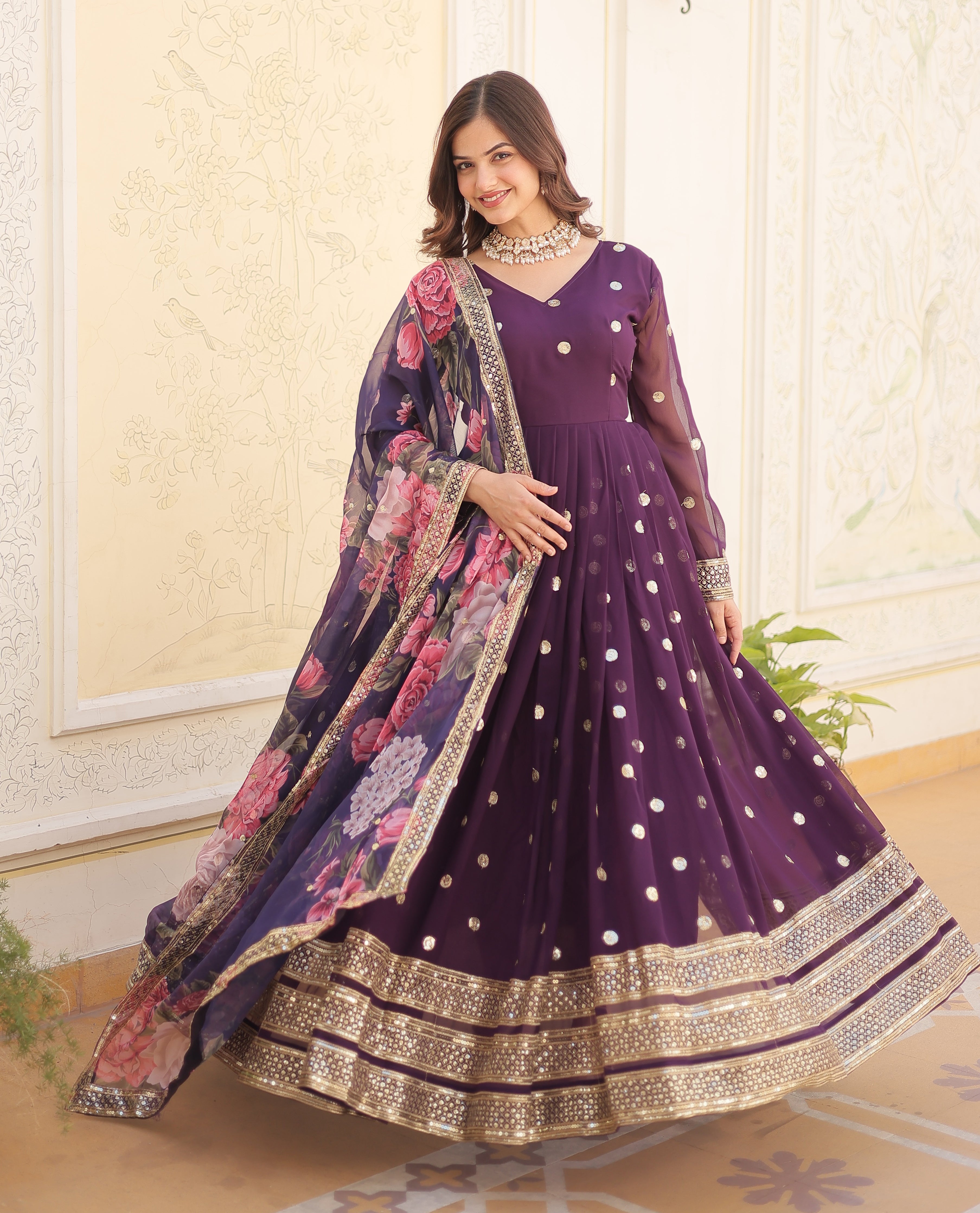 Women's Deep Plum Georgette Anarkali Gown with Mirror Embellishments and Oversized Floral Print Dupatta