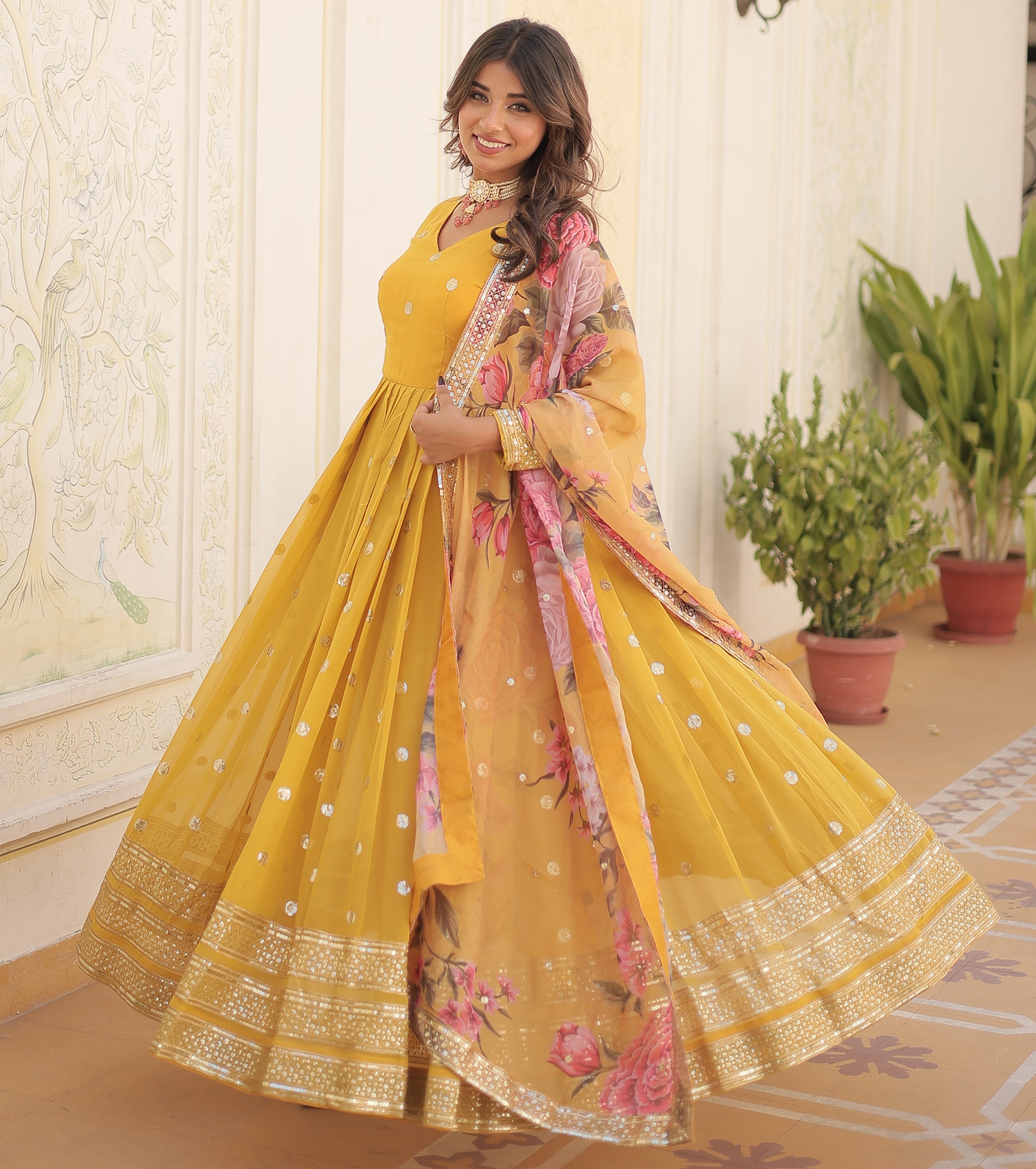 Women's Mustard Yellow Georgette Anarkali Gown with Mirror Accents and Floral Printed Organza Dupatta