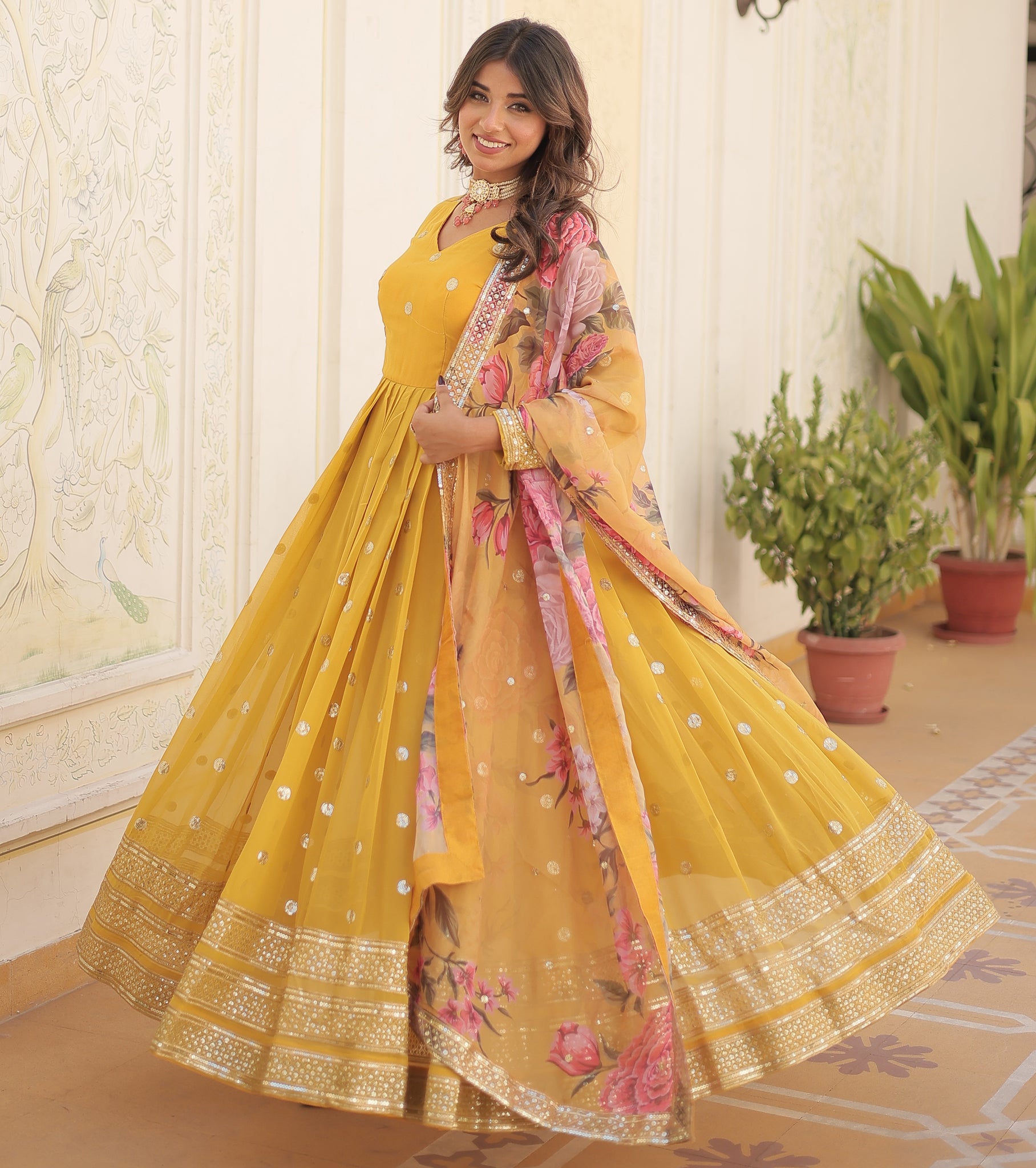 Yellow Fancy Georgette Anarkali Kurta Set