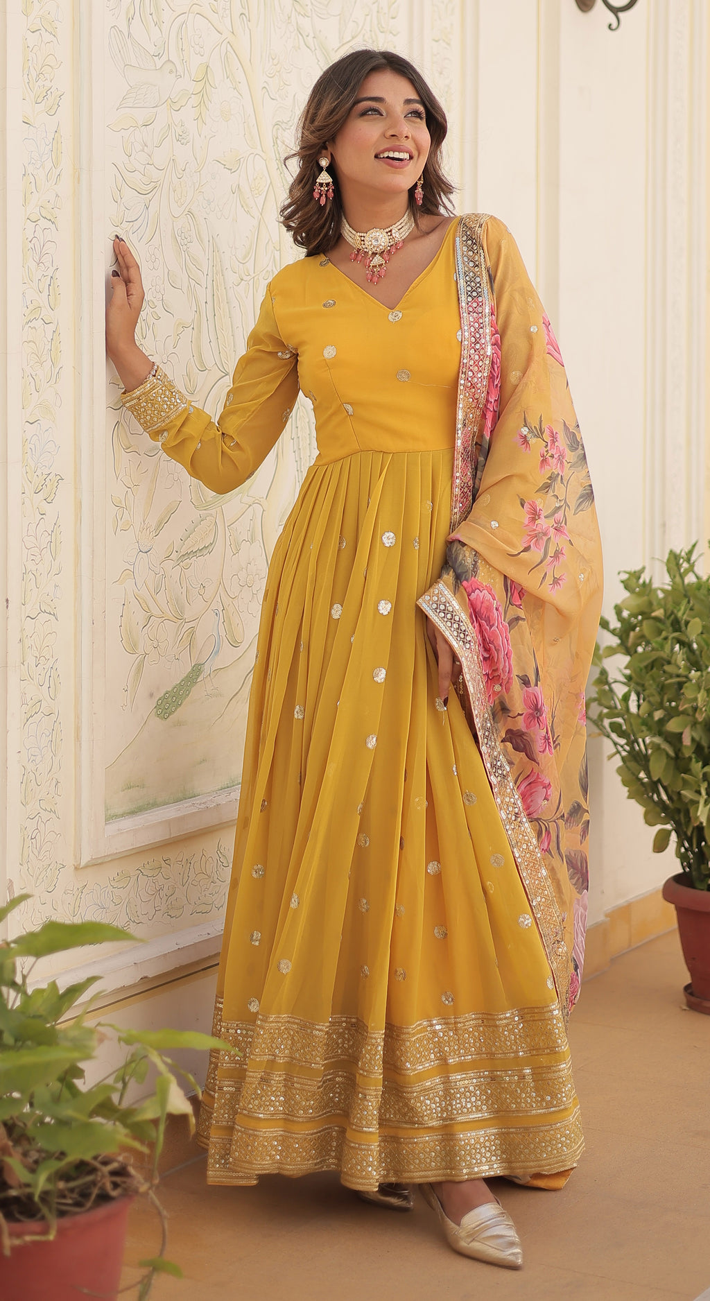 Women's Mustard Yellow Georgette Anarkali Gown with Mirror Accents and Floral Printed Organza Dupatta