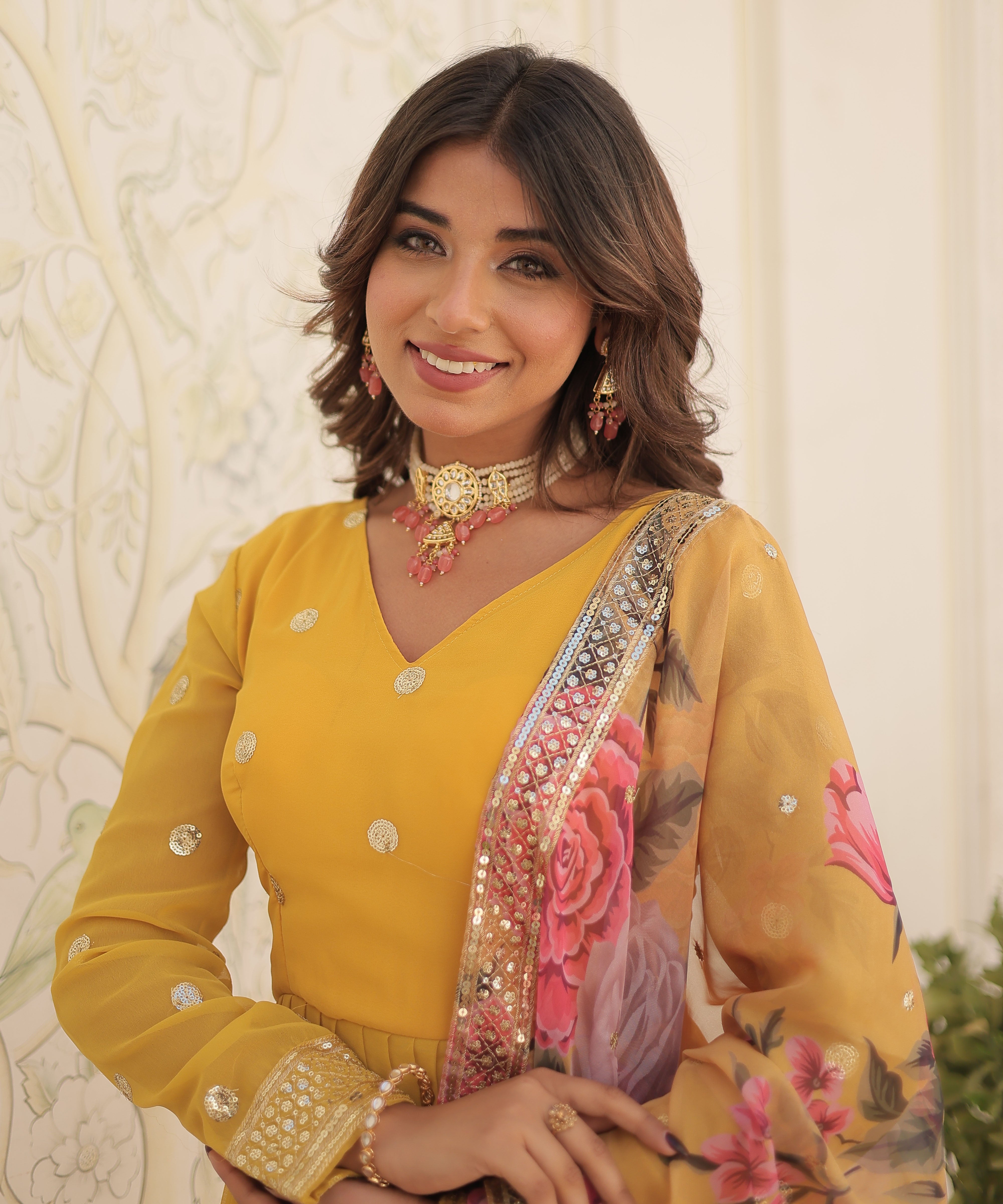 Women's Mustard Yellow Georgette Anarkali Gown with Mirror Accents and Floral Printed Organza Dupatta