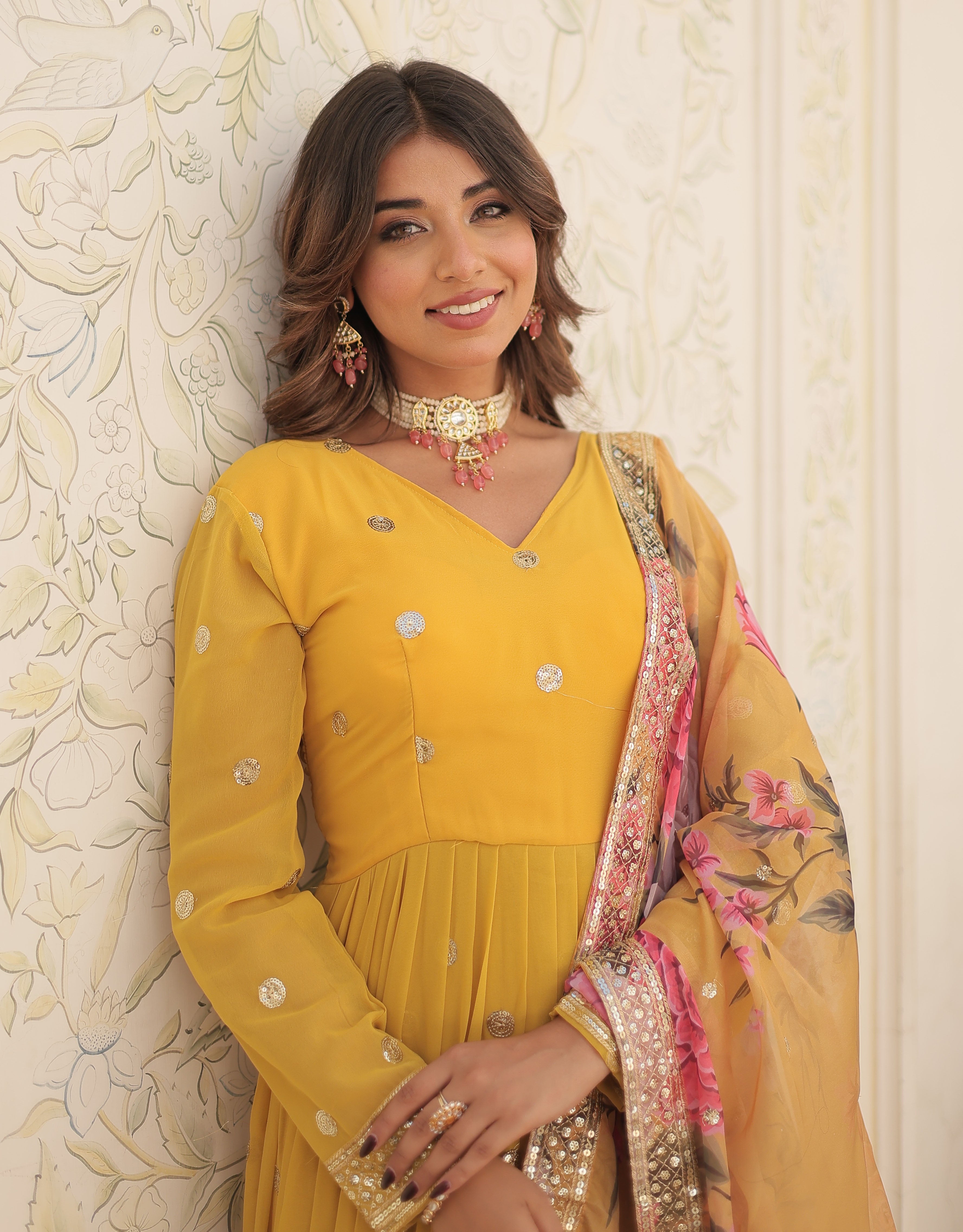 Women's Mustard Yellow Georgette Anarkali Gown with Mirror Accents and Floral Printed Organza Dupatta