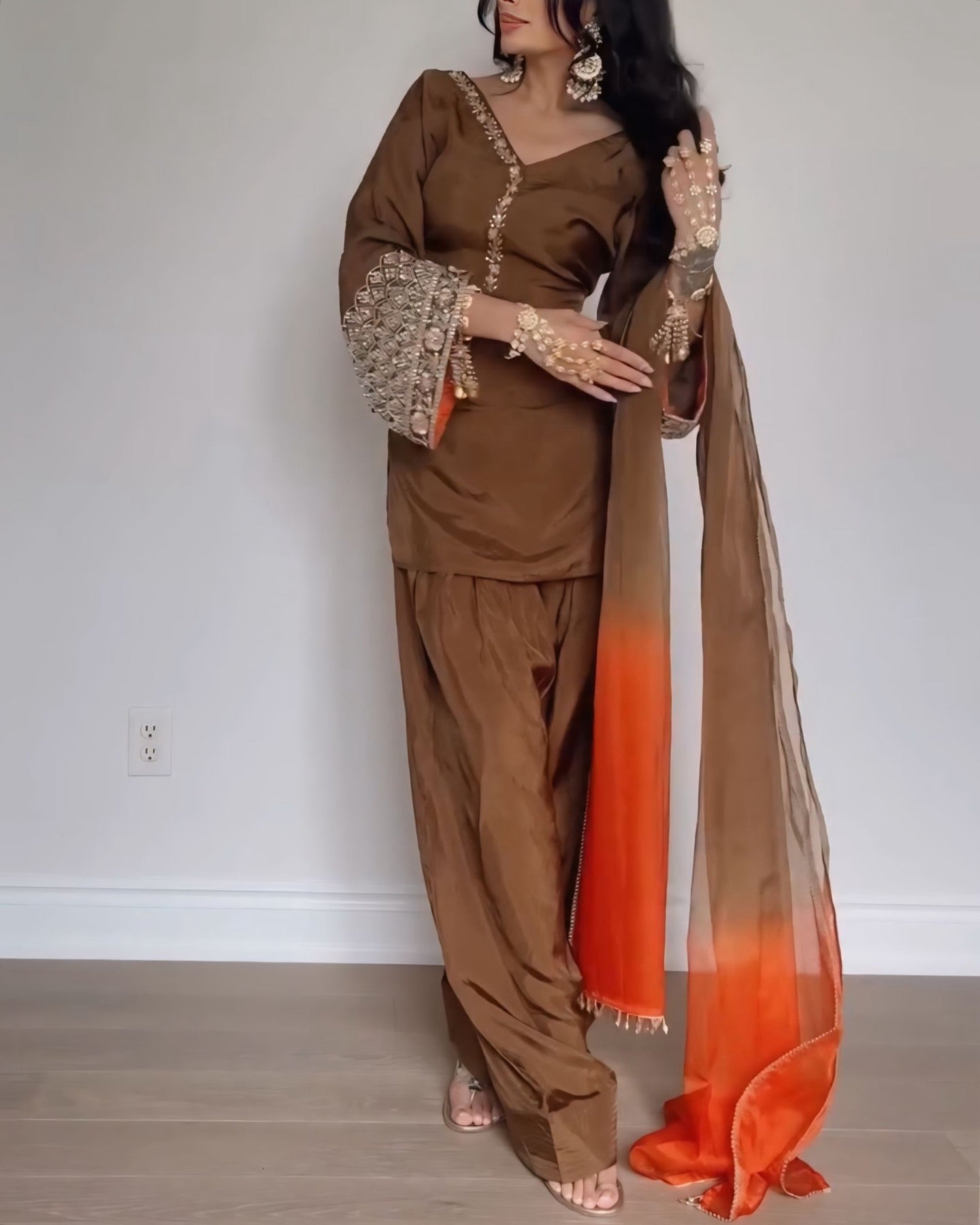 Silk Embroidered Salwar Suit Set with Dual-Tone Organza Dupatta