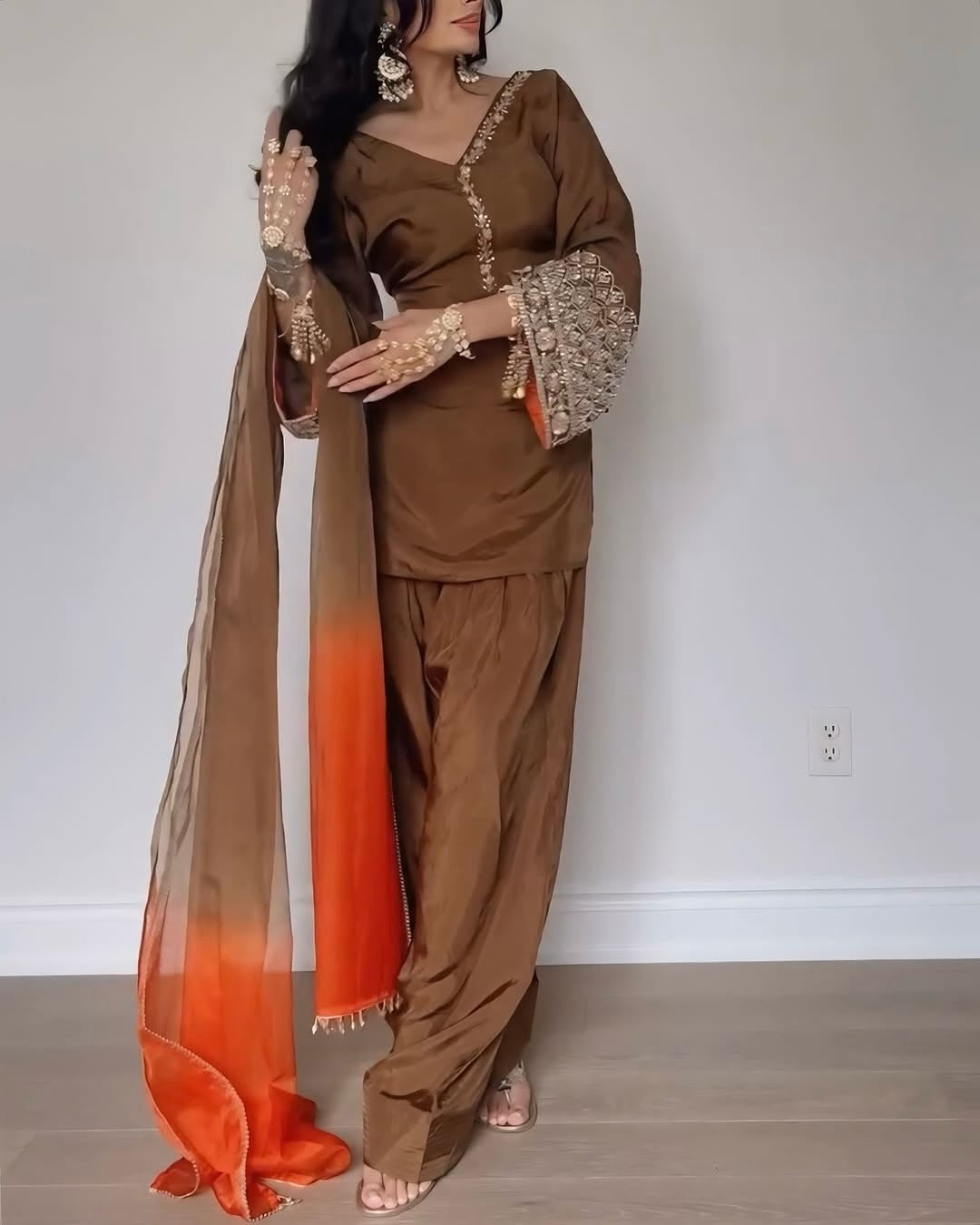 Silk Embroidered Salwar Suit Set with Dual-Tone Organza Dupatta