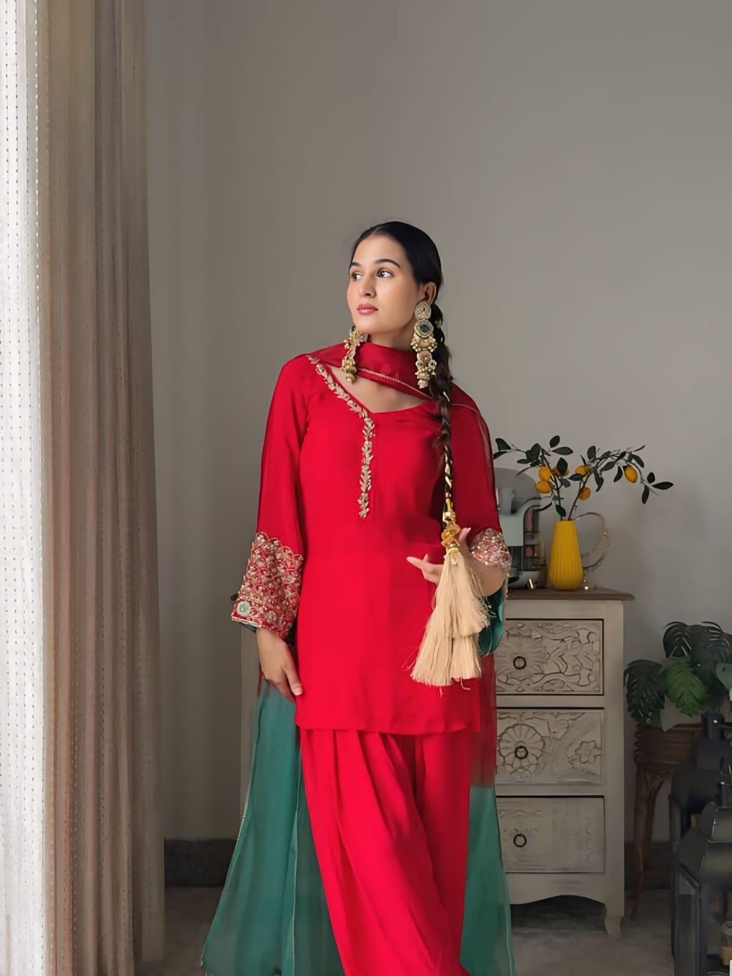 Silk Embroidered Salwar Suit Set with Dual-Tone Organza Dupatta