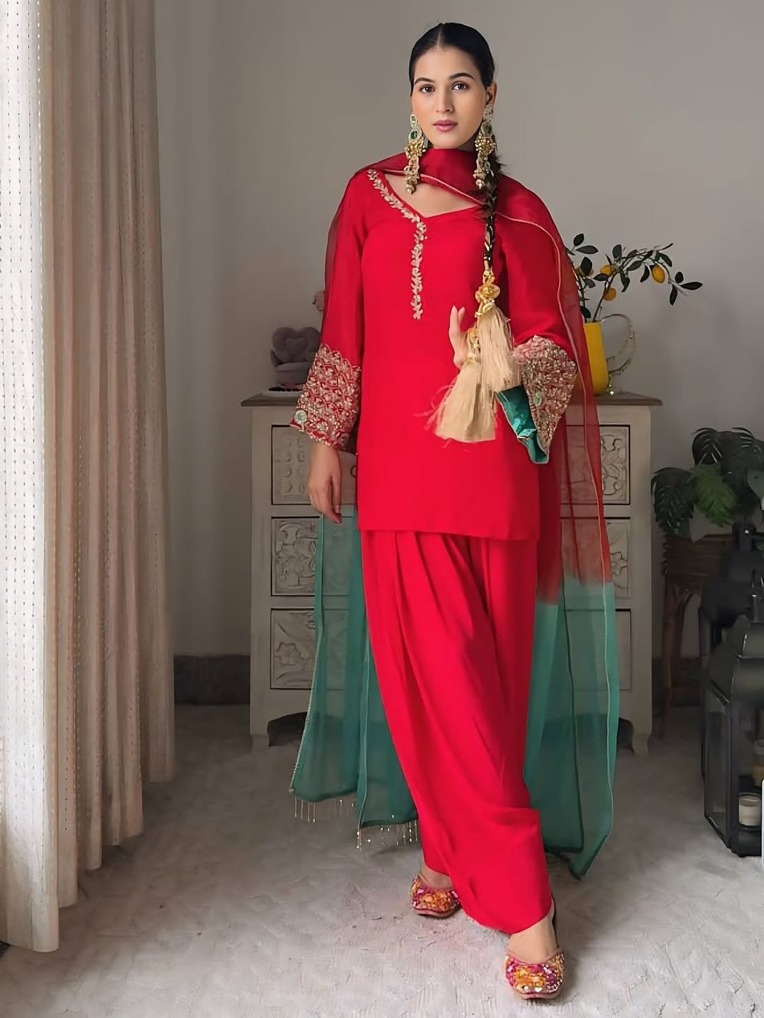 Silk Embroidered Salwar Suit Set with Dual-Tone Organza Dupatta