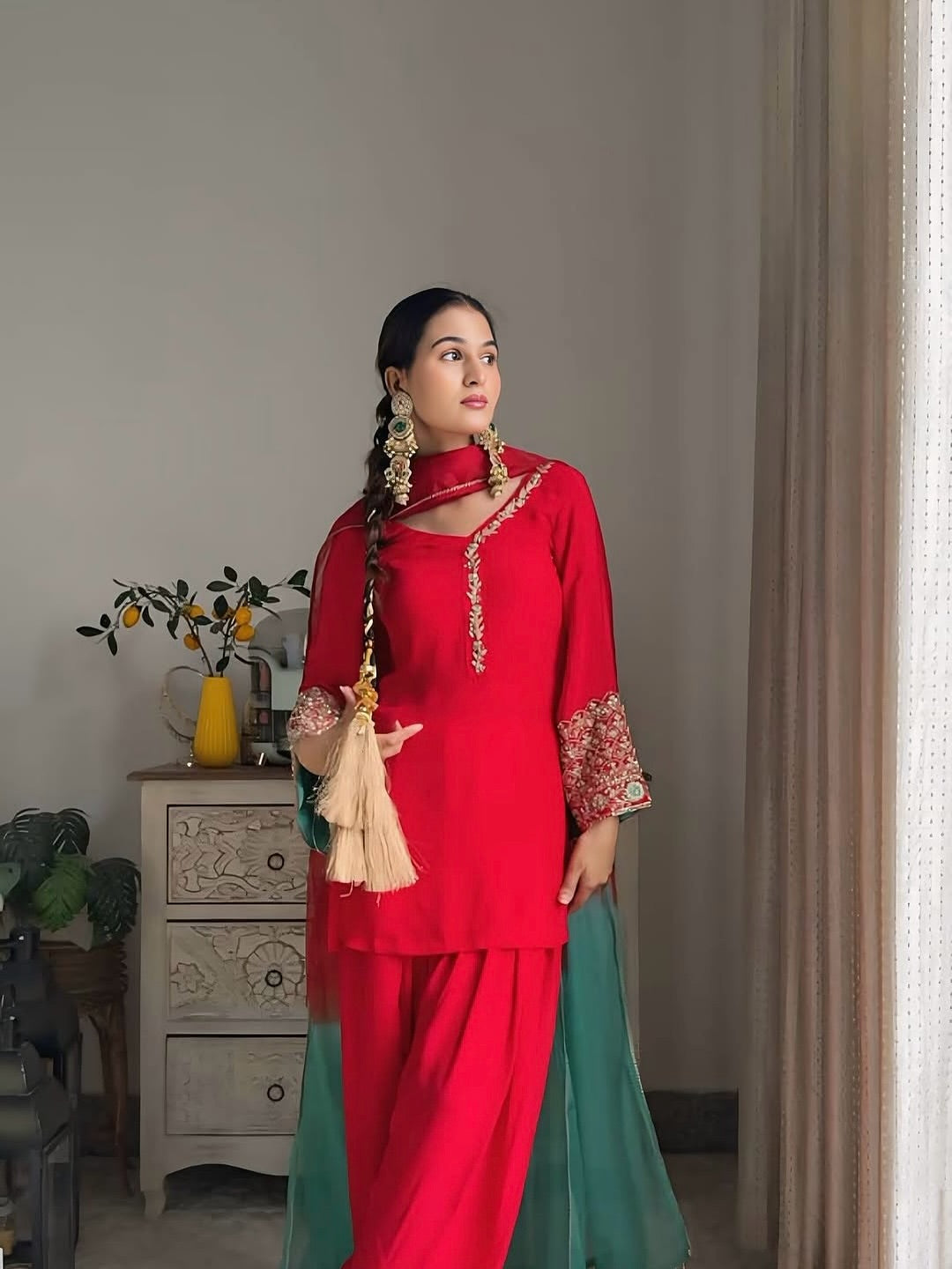 Silk Embroidered Salwar Suit Set with Dual-Tone Organza Dupatta