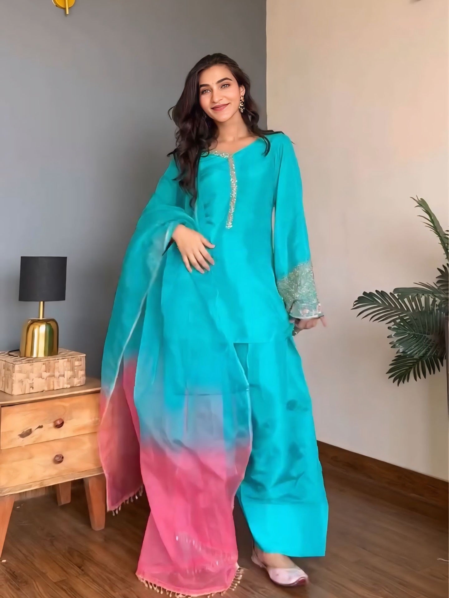 Silk Embroidered Salwar Suit Set with Dual-Tone Organza Dupatta