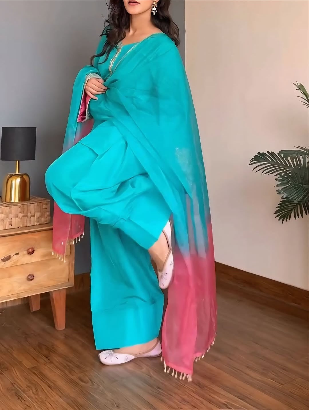 Silk Embroidered Salwar Suit Set with Dual-Tone Organza Dupatta