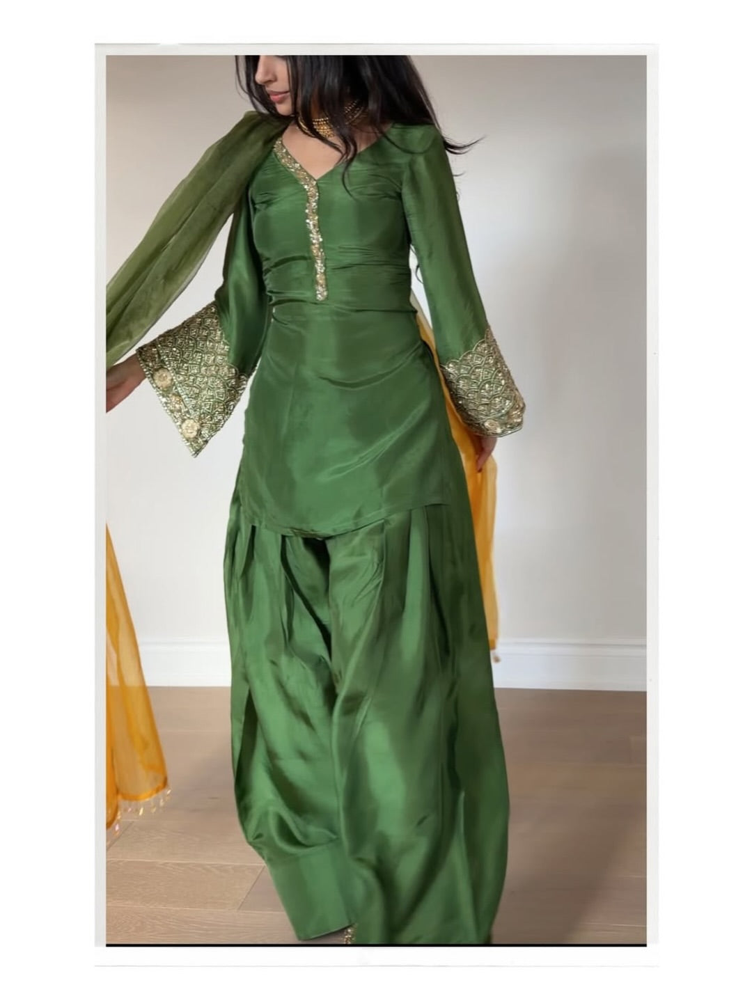 Silk Embroidered Salwar Suit Set with Dual-Tone Organza Dupatta