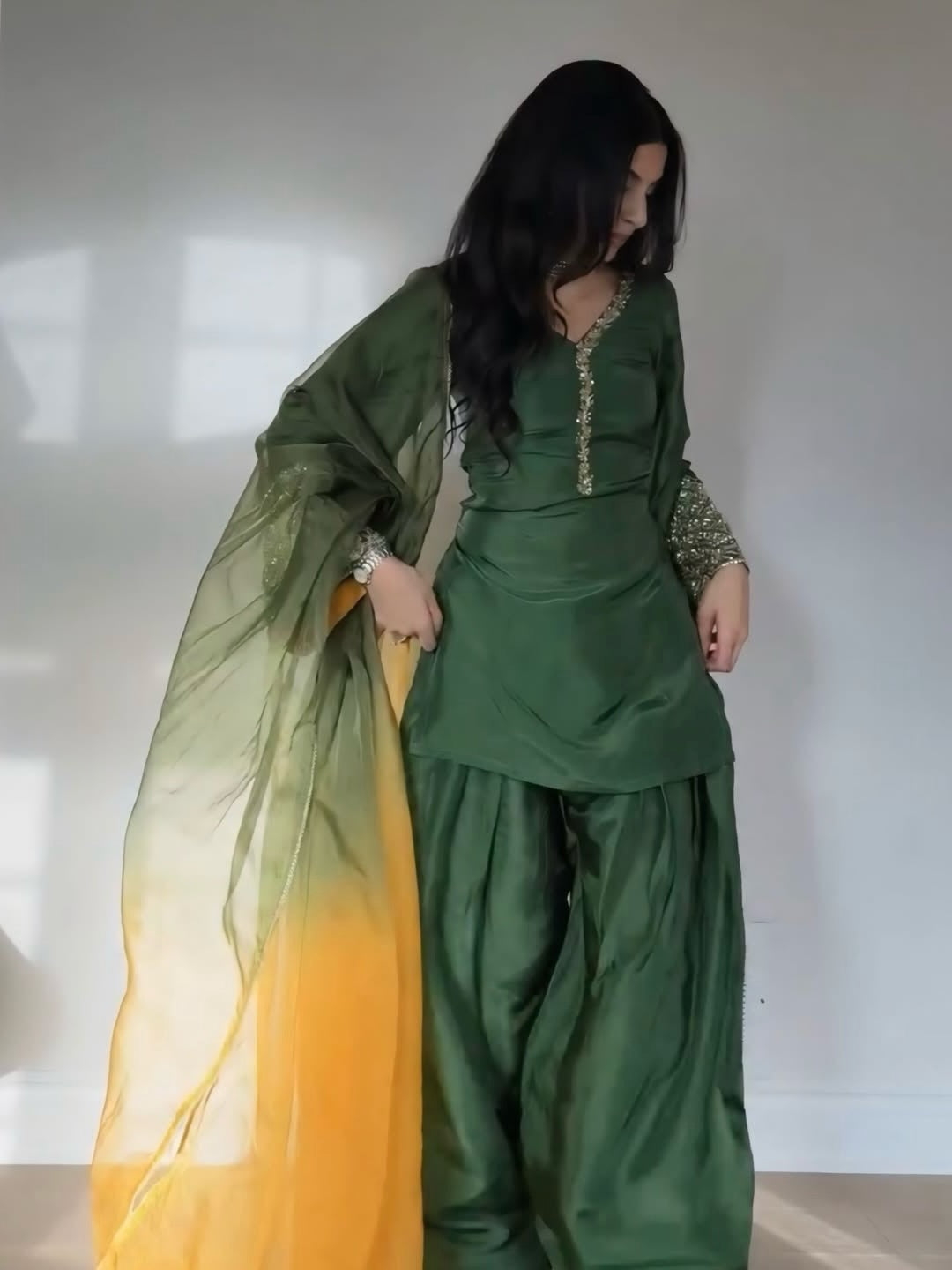 Silk Embroidered Salwar Suit Set with Dual-Tone Organza Dupatta