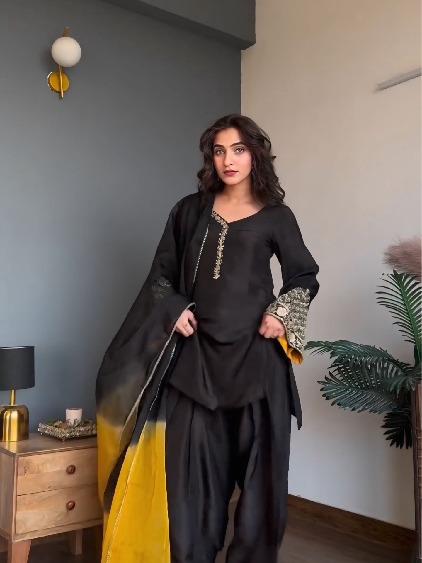 Silk Embroidered Salwar Suit Set with Dual-Tone Organza Dupatta