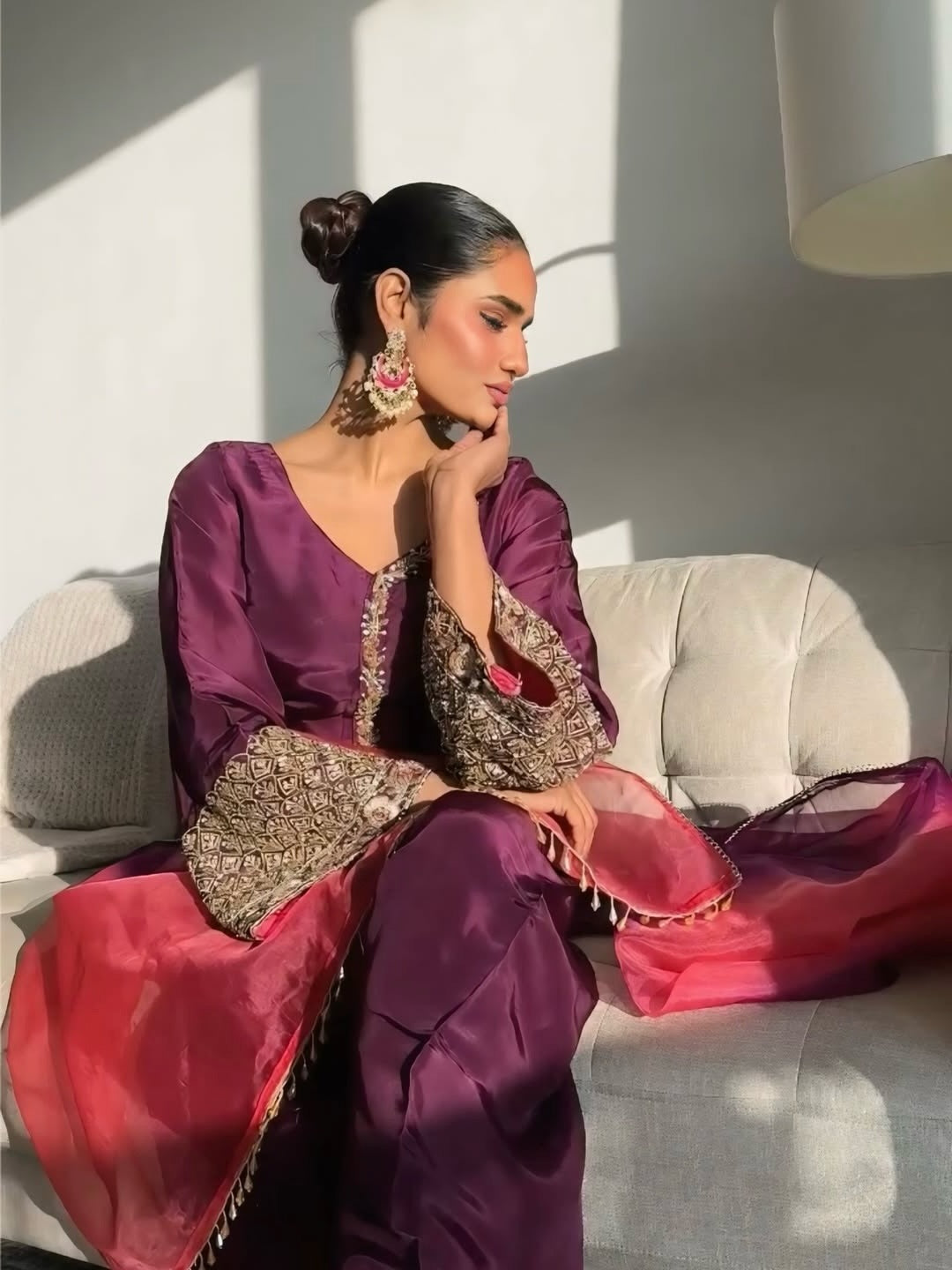 Silk Embroidered Salwar Suit Set with Dual-Tone Organza Dupatta