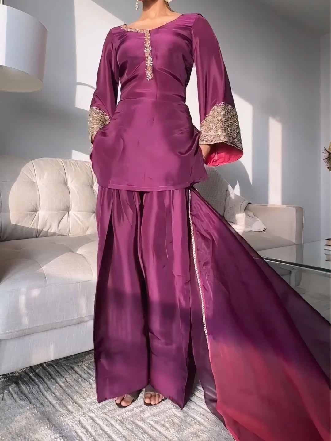 Silk Embroidered Salwar Suit Set with Dual-Tone Organza Dupatta