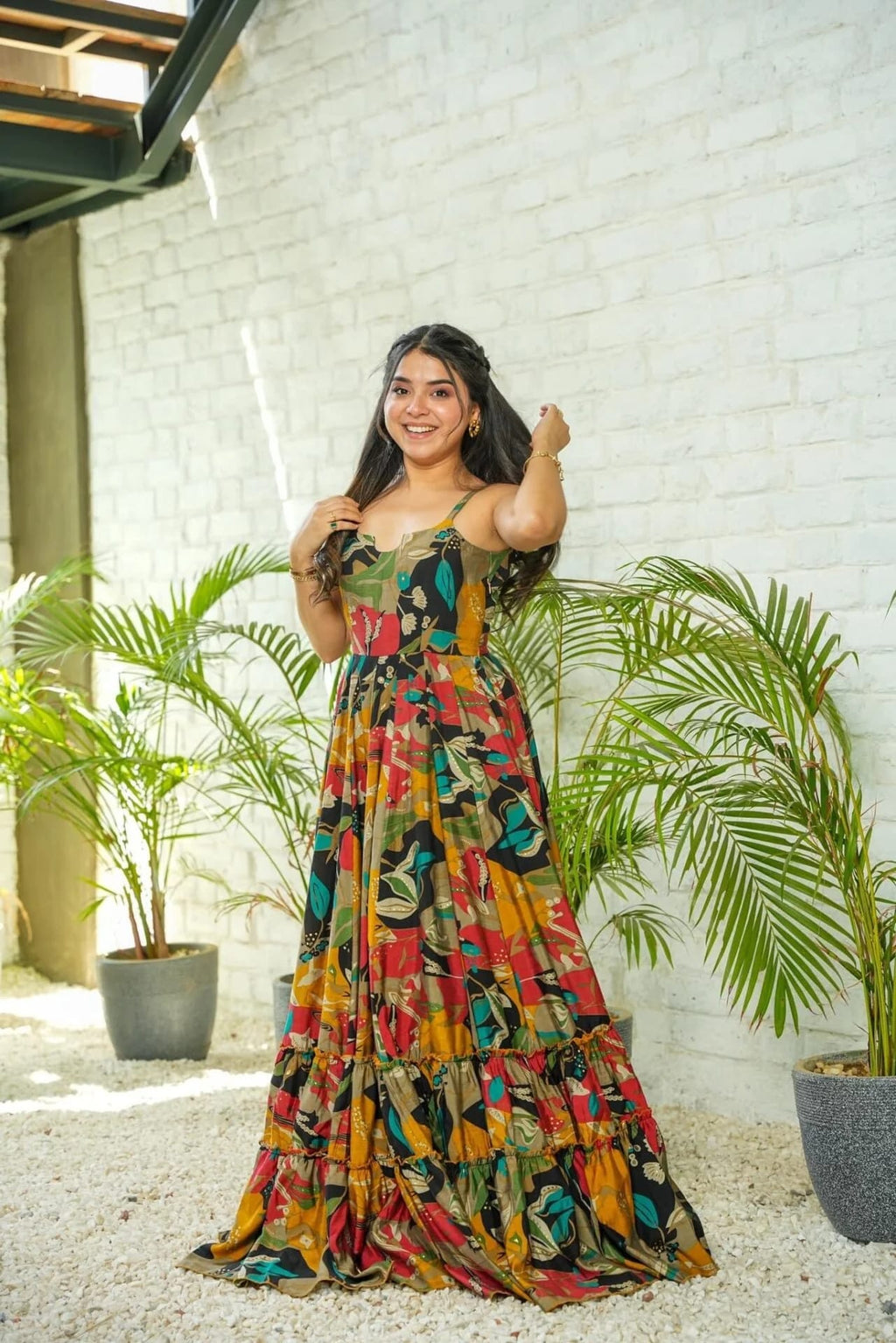 Multicolor Printed Maxi Dress for Women | Sleeveless Flared Long Dress