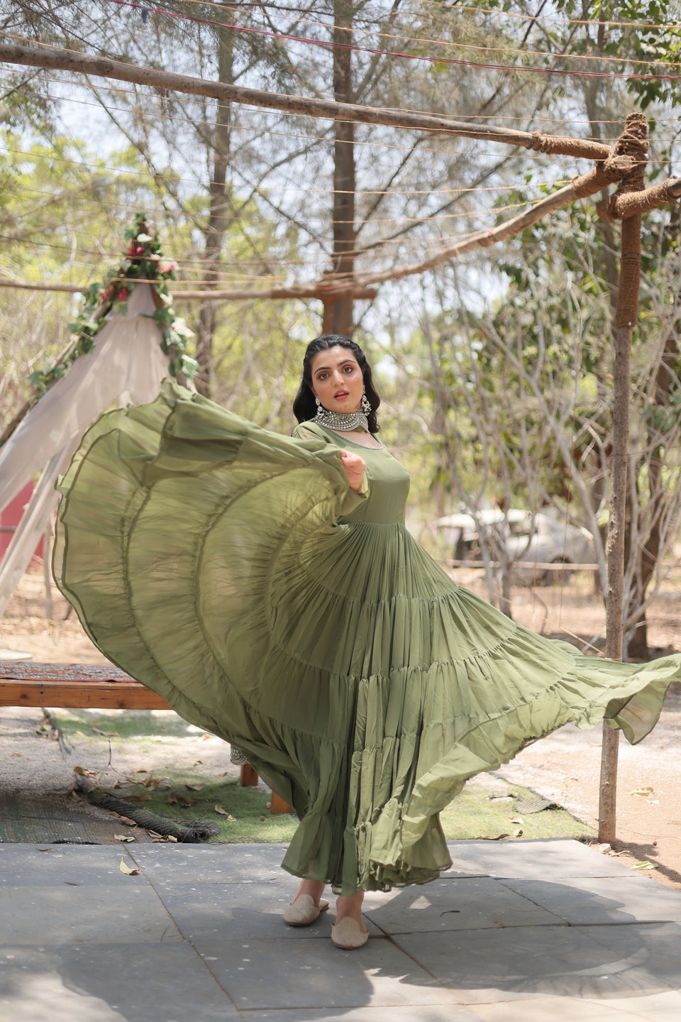 Women's Olive Green Tiered Georgette Anarkali with Scalloped Embroidery & Embellished Dupatta