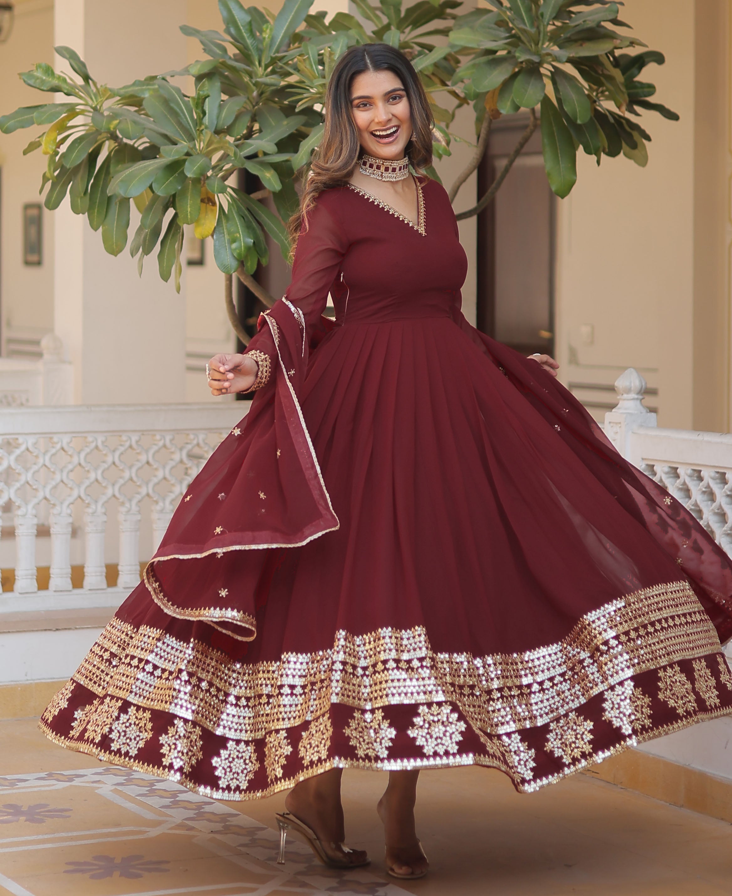 Maroon Georgette Anarkali Suit Set with Dupatta |