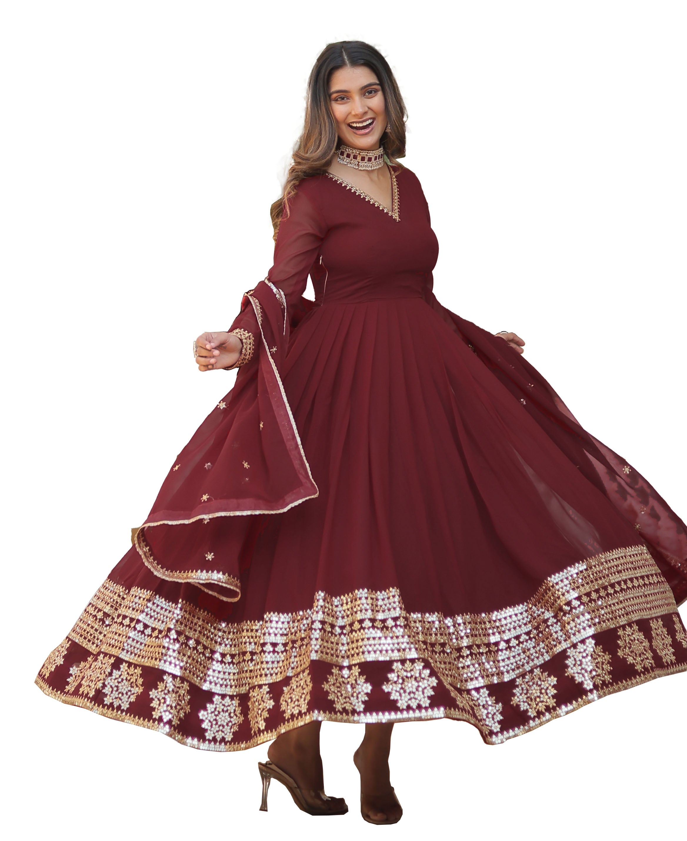 Maroon Georgette Anarkali Suit Set with Dupatta |