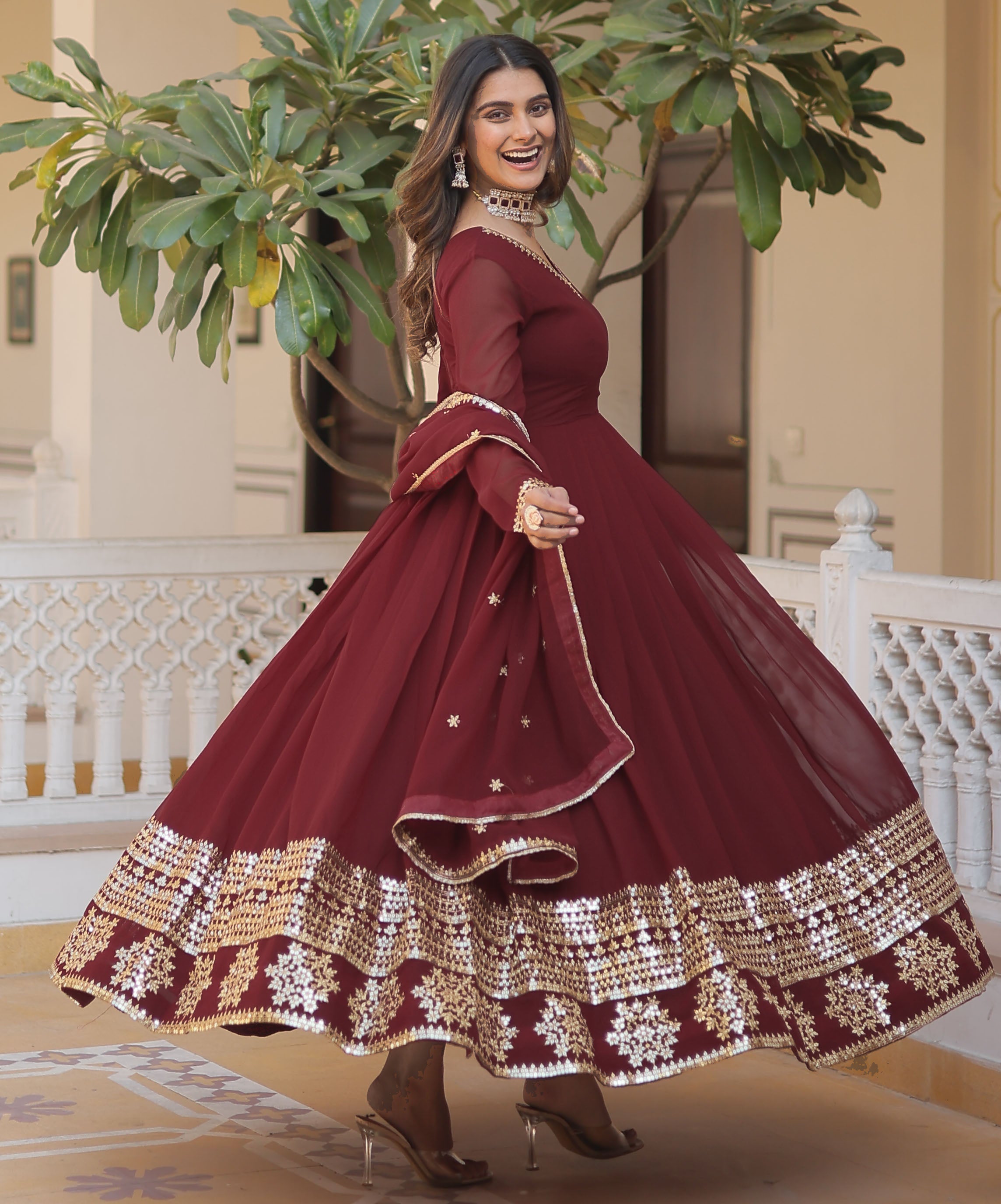 Maroon Georgette Anarkali Suit Set with Dupatta |