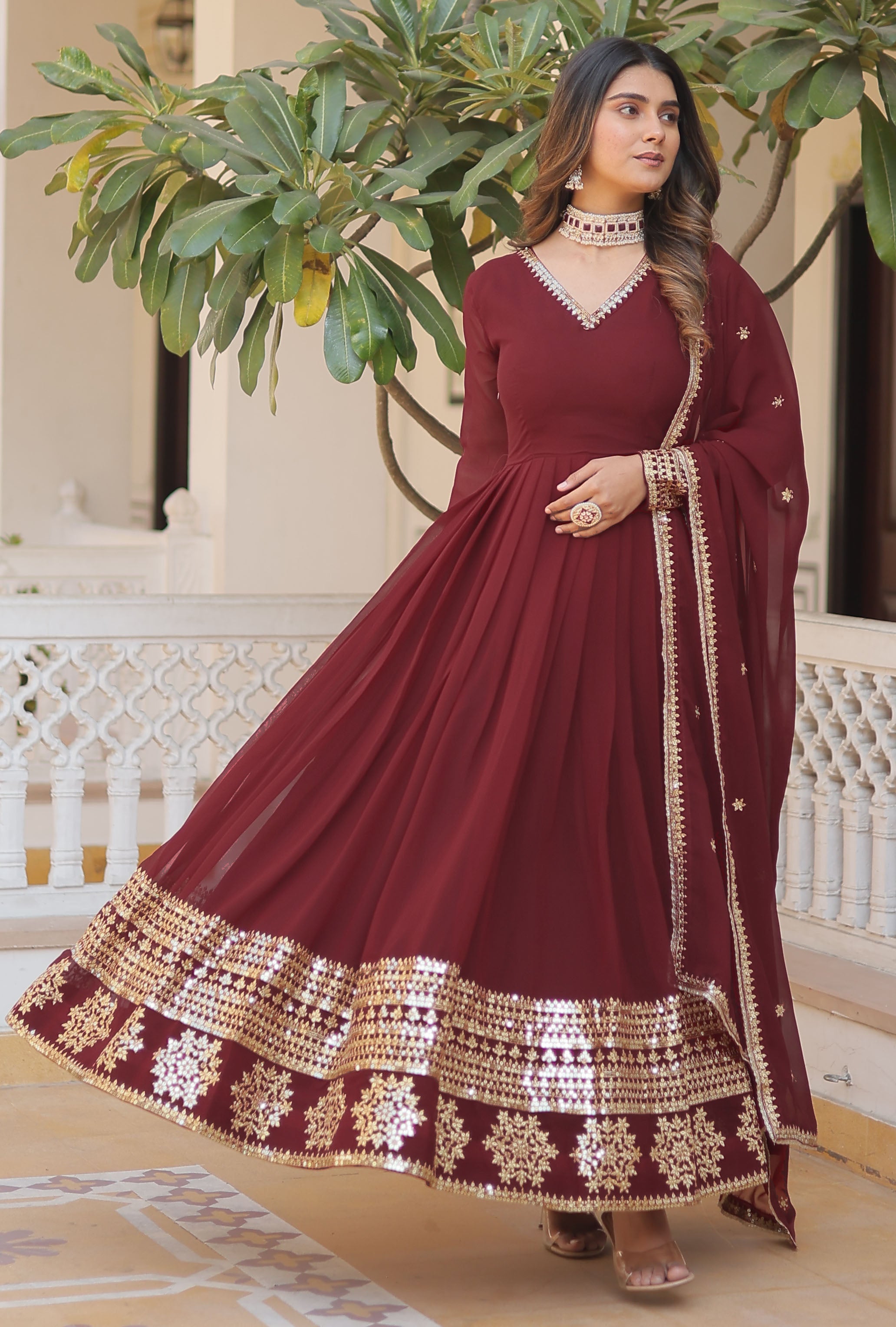 Maroon Georgette Anarkali Suit Set with Dupatta |