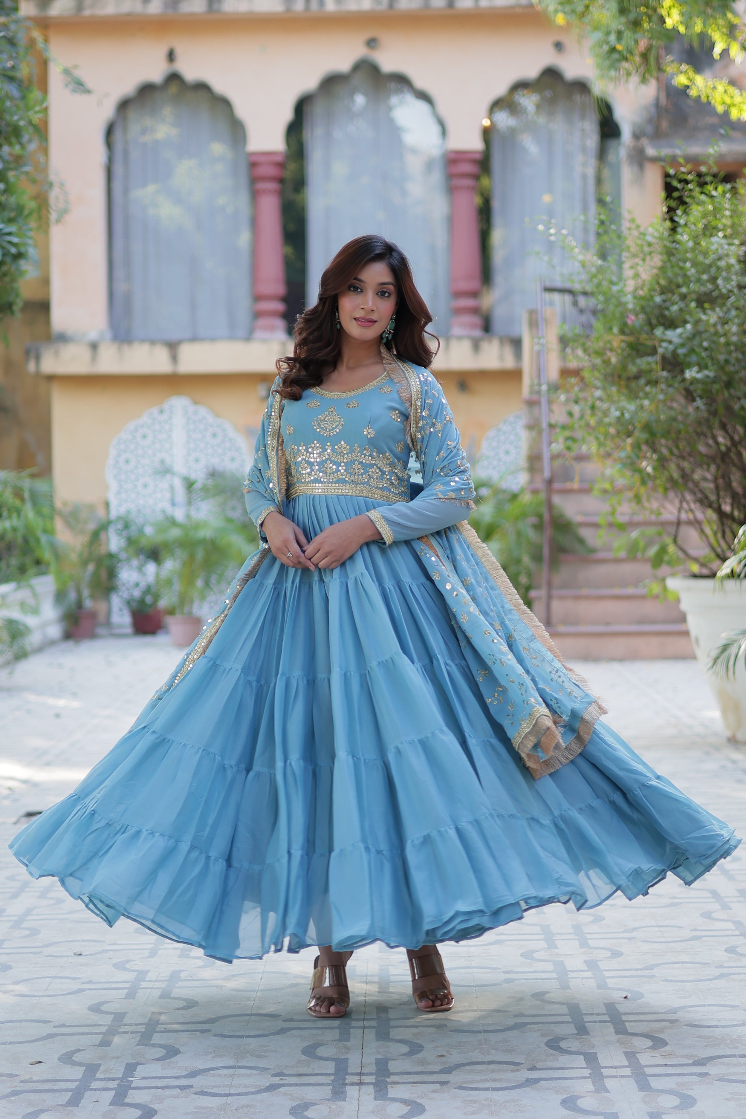 Sky Blue Anarkali Kurti with Dupatta for Women