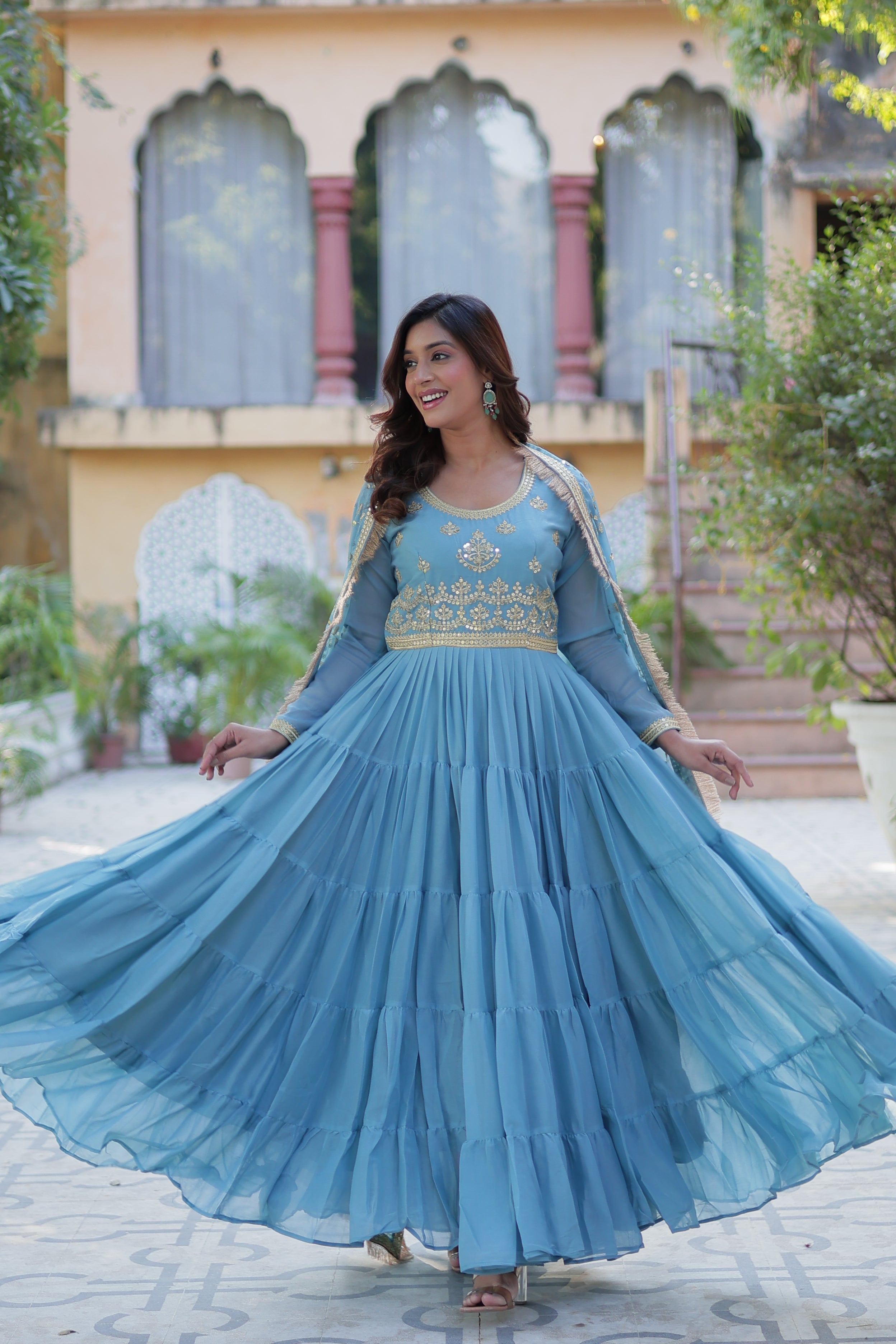 Sky Blue Anarkali Kurti with Dupatta for Women