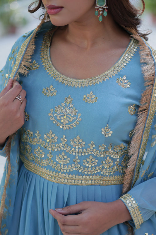 Sky Blue Embroidered Anarkali Gown