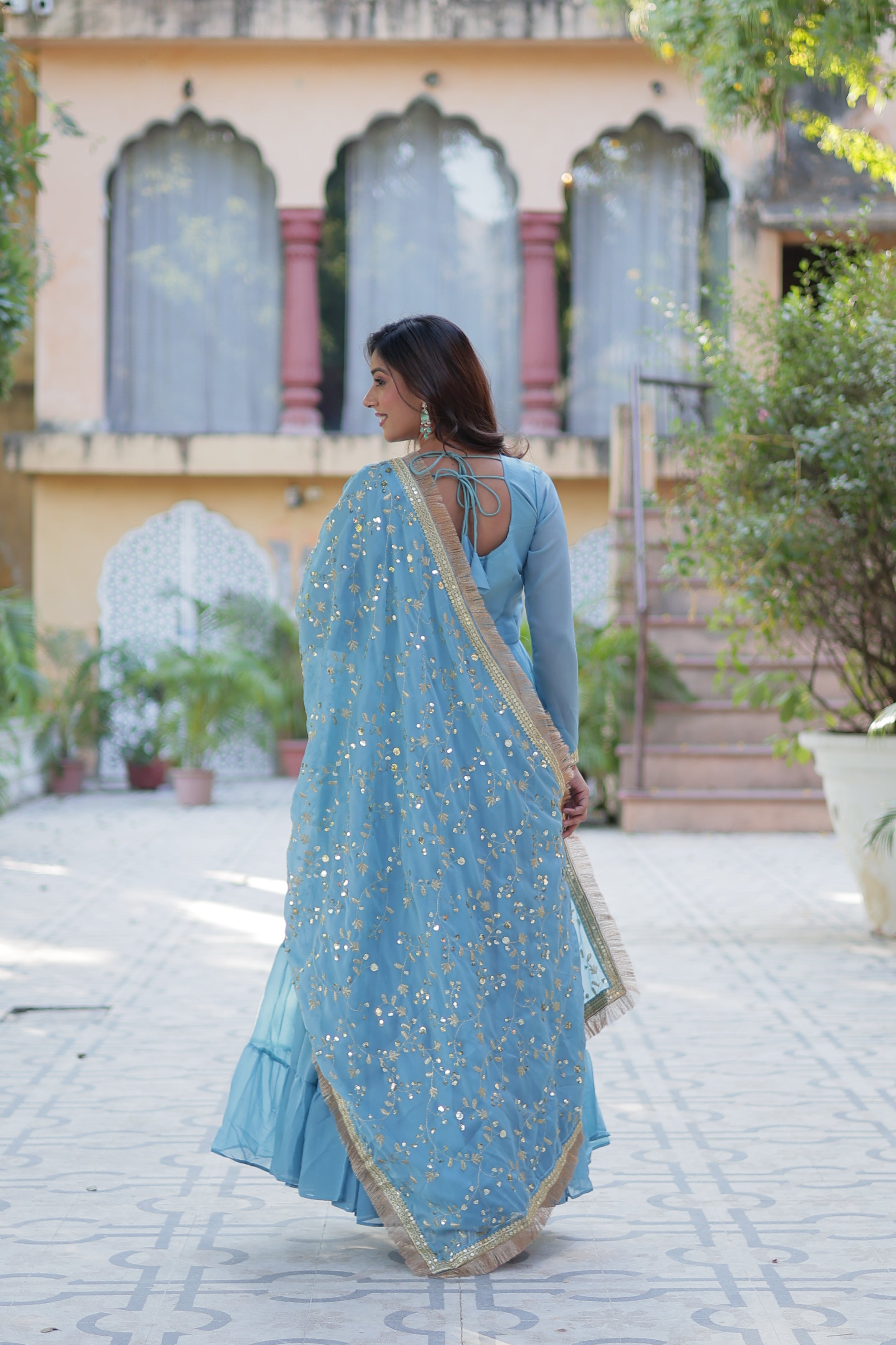 Sky Blue Anarkali Kurti with Dupatta for Women