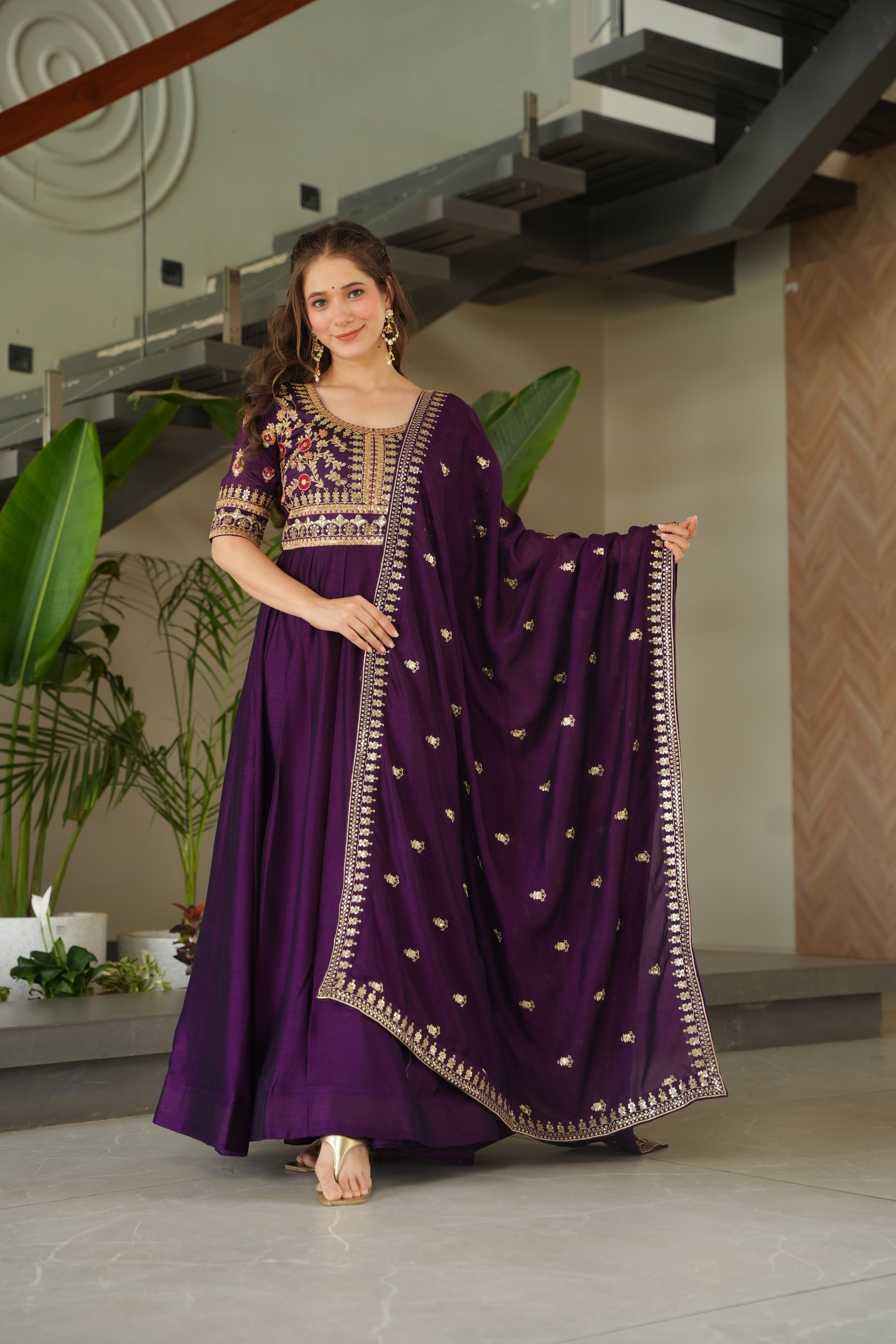 Embroidered Anarkali Kurti with Dupatta for Women