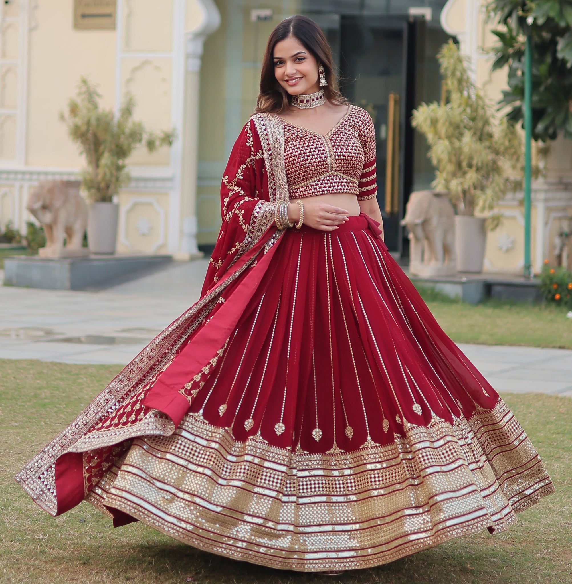 Party Wear Georgette Red Lehenga Choli