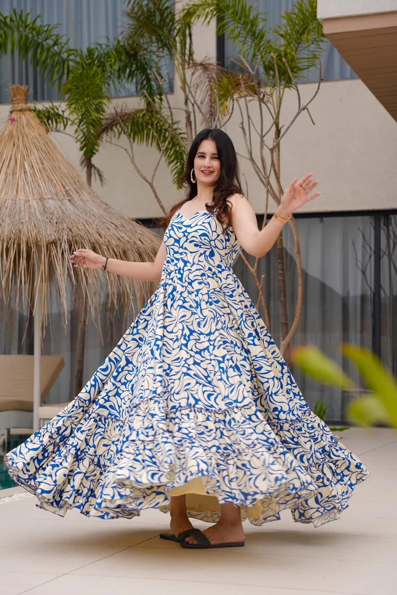 Blue White Printed Maxi Dress for Women | Sleeveless Flared Long Dress