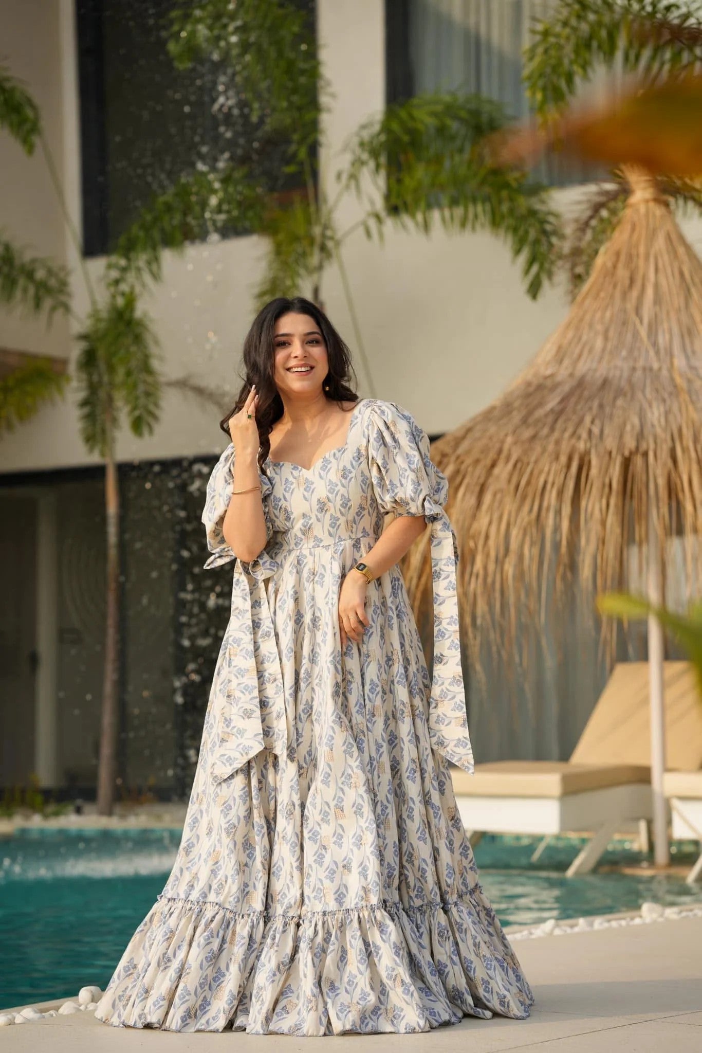 Beige & Blue Floral Sweetheart Maxi Dress
