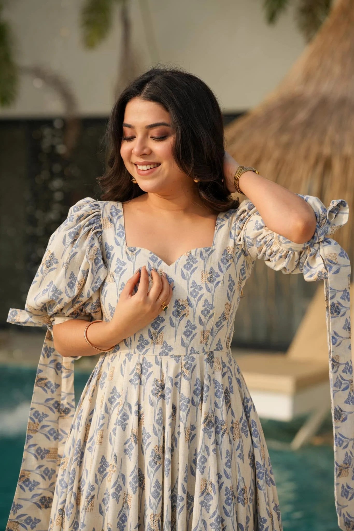 Beige & Blue Floral Sweetheart Maxi Dress