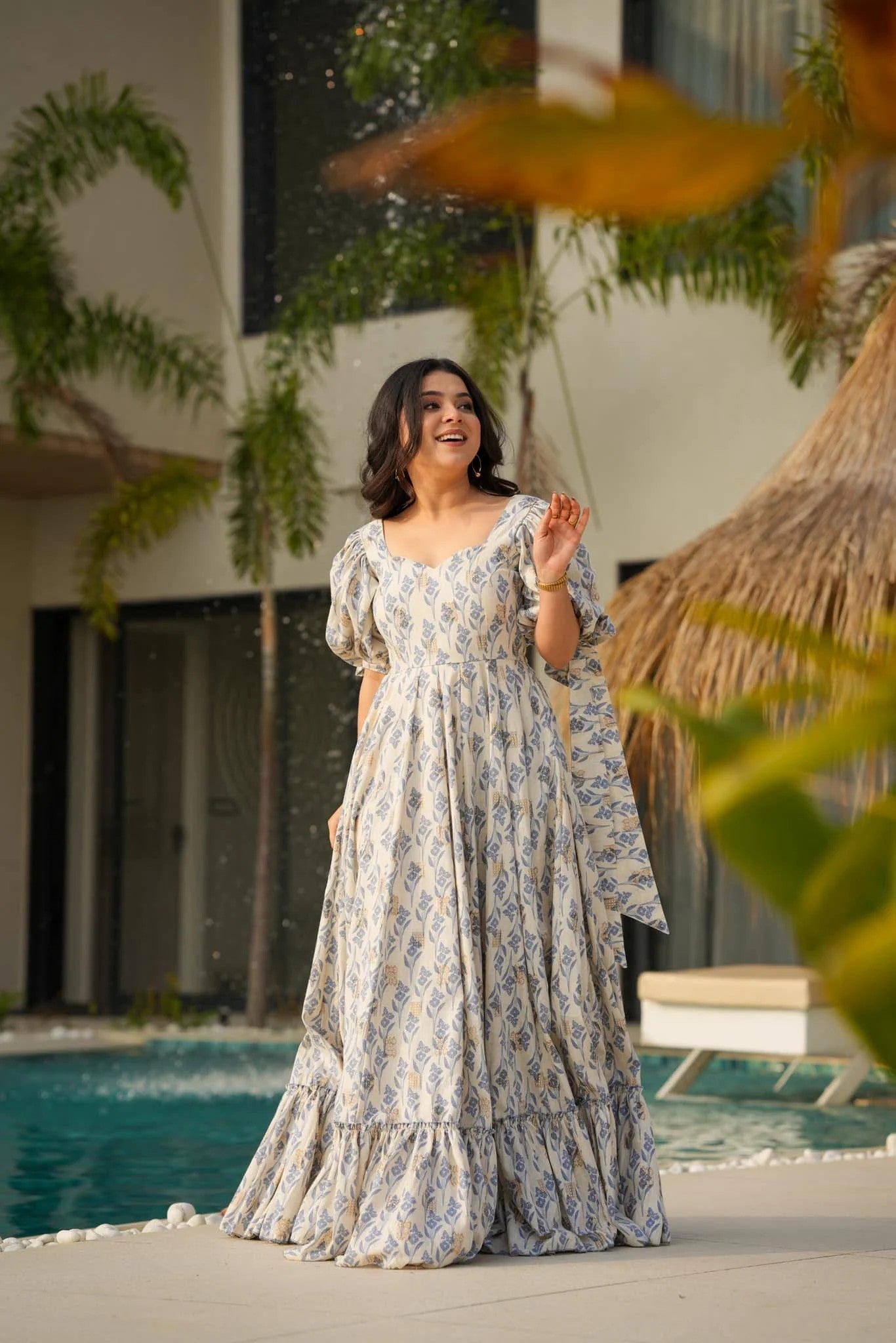 Beige & Blue Floral Sweetheart Maxi Dress