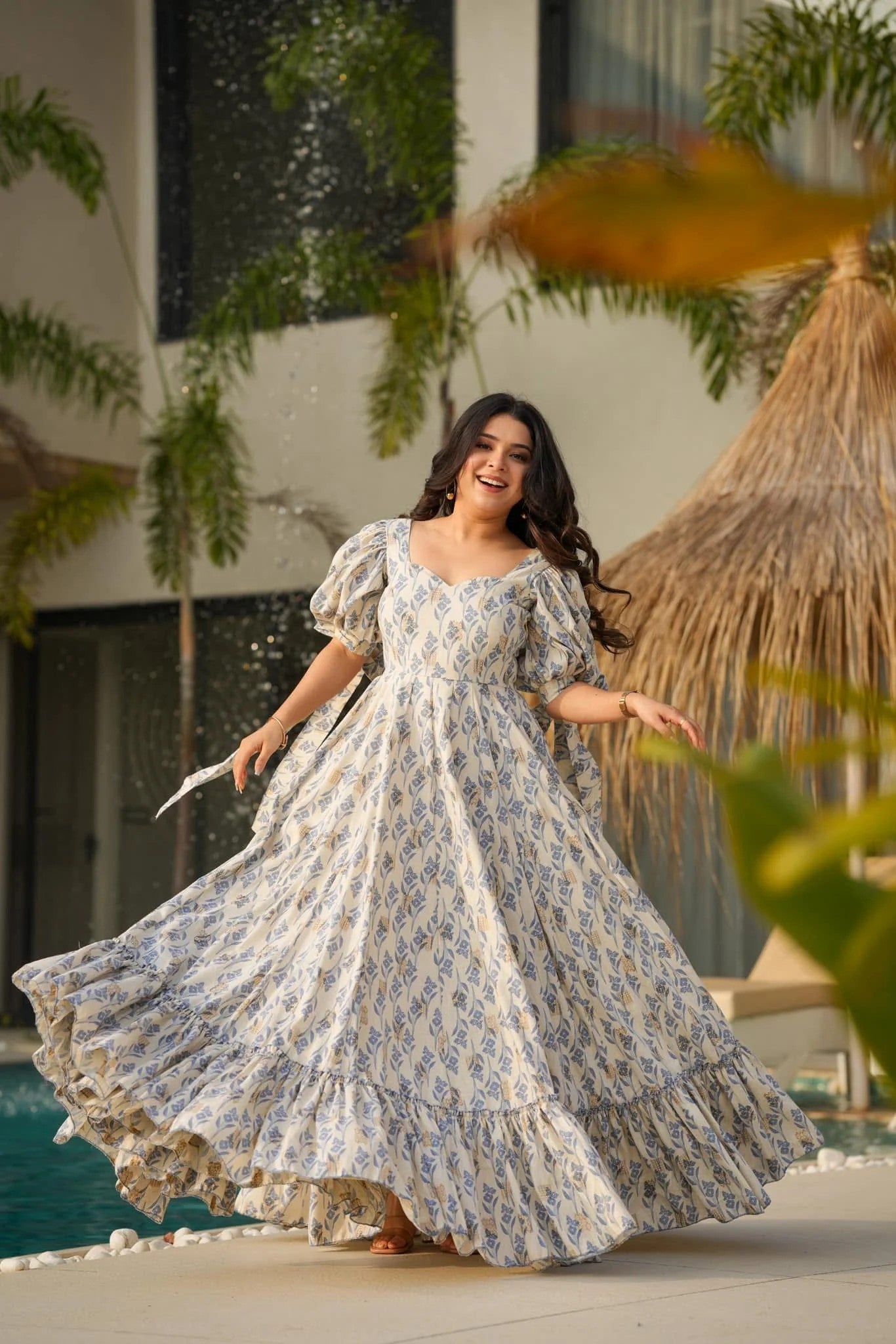 Beige & Blue Floral Sweetheart Maxi Dress