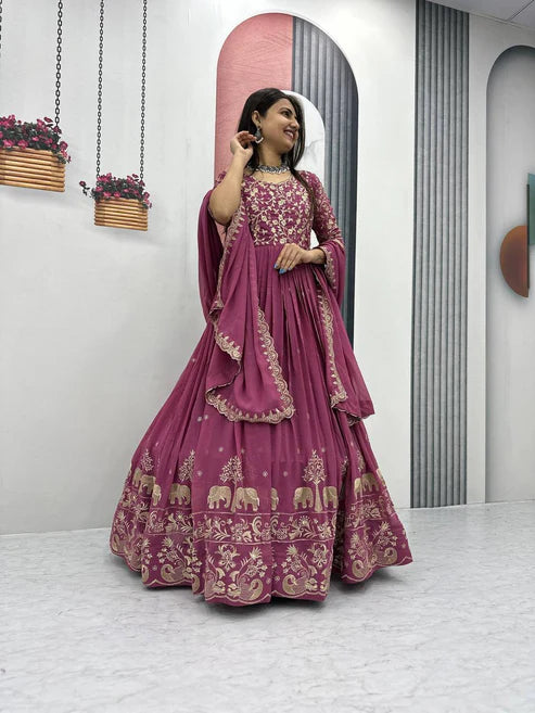 Georgette Embroidered Anarkali Gown Dress with Elephant Motif Border & Dupatta