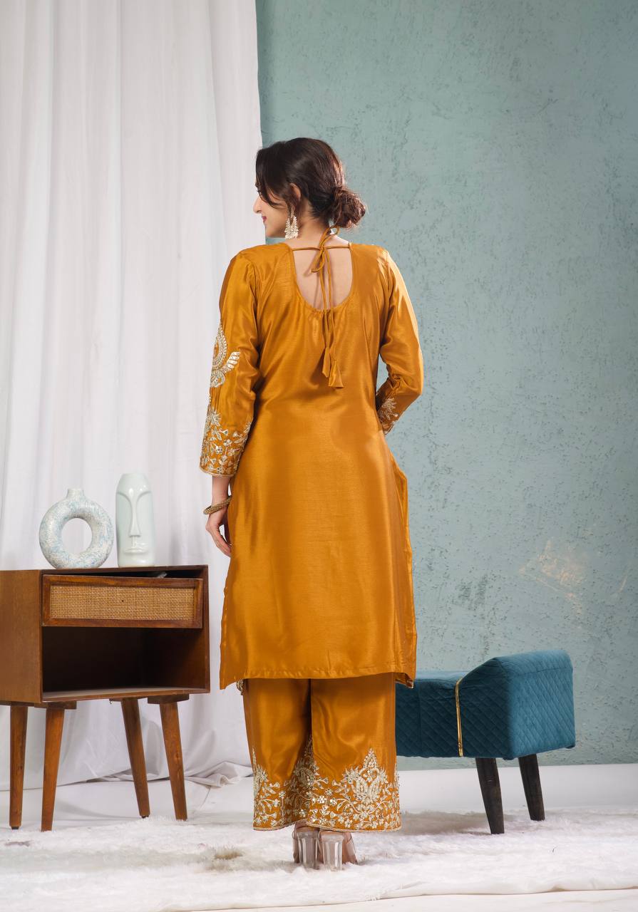 Mustard Orange Embroidered Kurta Set with Dupatta for Women